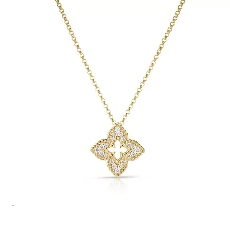 18K YELLOW GOLD VENTIAN PRINCESS SMALL DIAMOND PAVE FLOWER NECKLACE