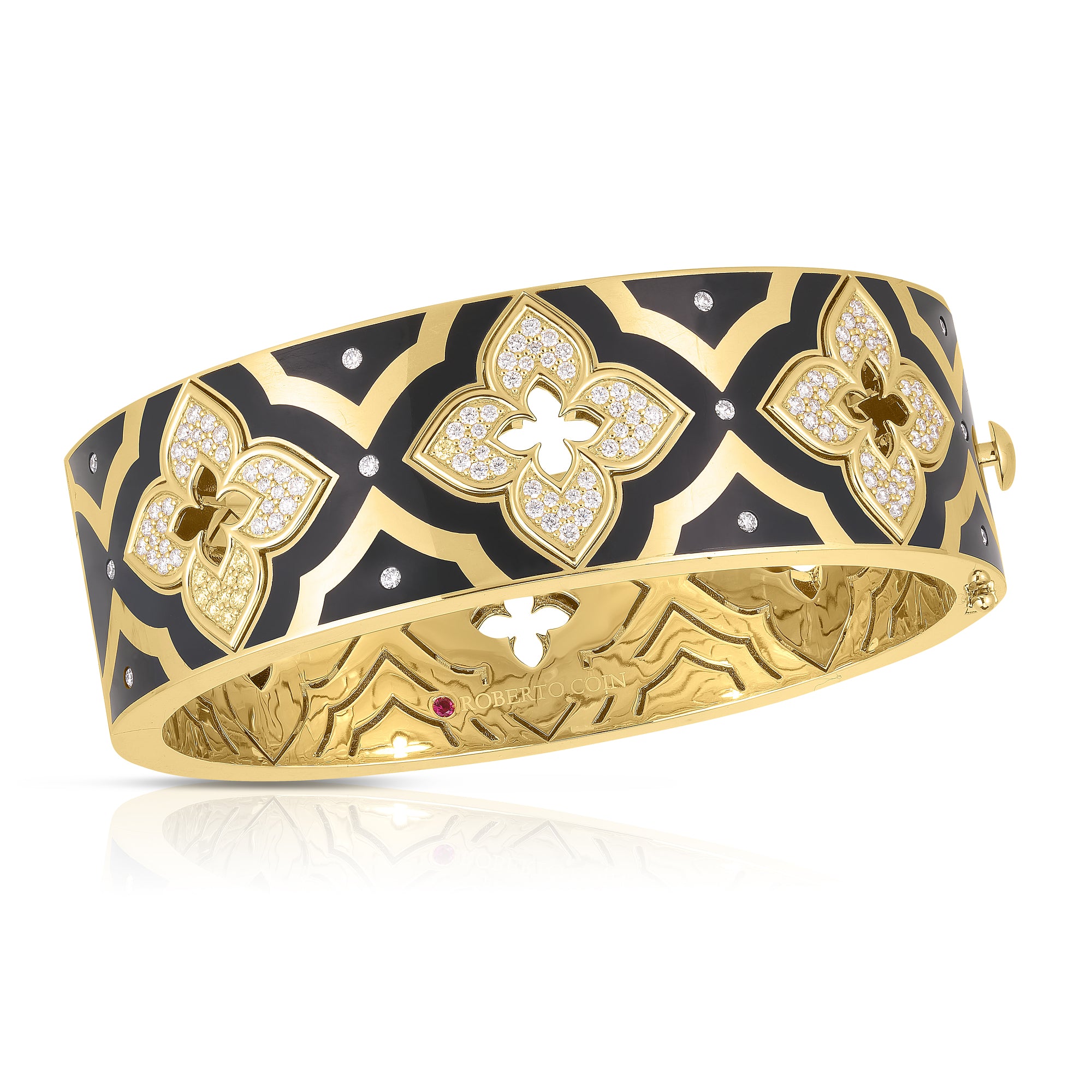 18K YELLOW GOLD VENETIAN PRINCESS WIDE DIAMOND & BLACK ENAMEL FLOWER WIDE BANGLE