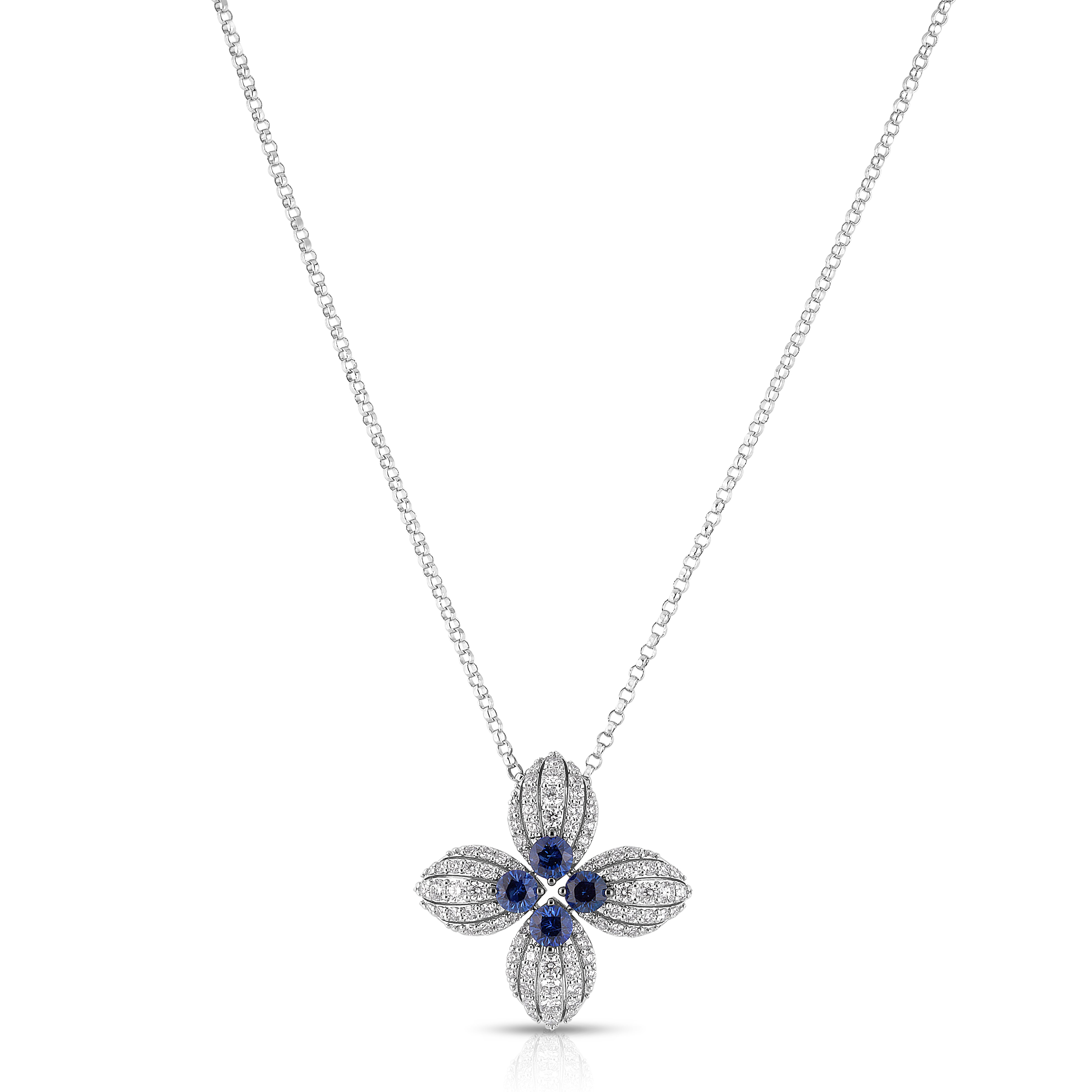18K WHITE GOLD LOVE IN VERONA DIAMOND & BLUE SAPPHIRE FLOWER NECKLACE