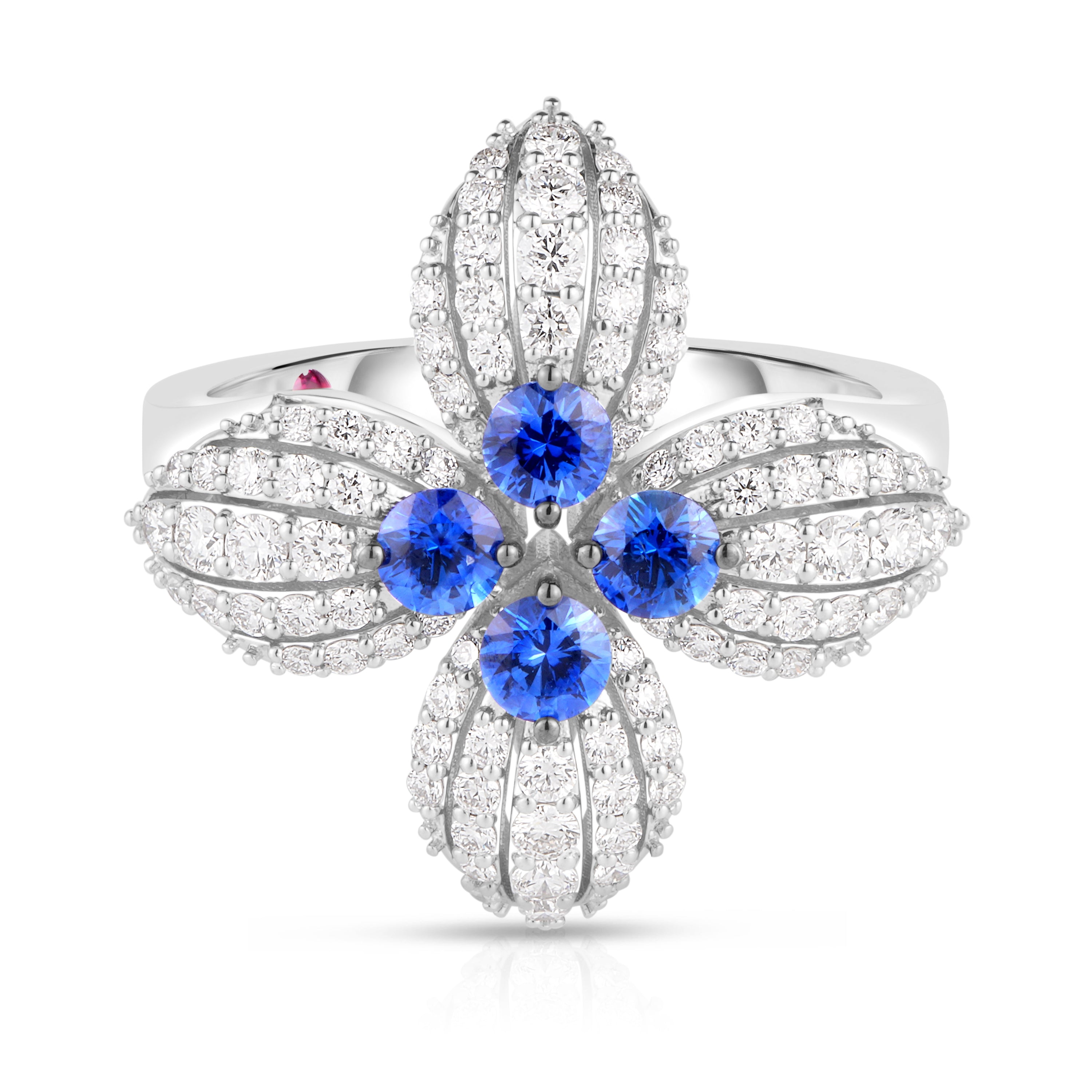 18K WHITE GOLD LOVE IN VERONA DIAMOND & BLUE SAPPHIRE FLOWER RING