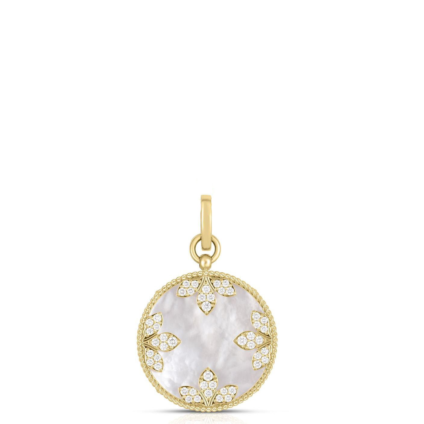 18K YELLOW GOLD VENETIAN MEDALLIONS LARGE DIAMOND AND MOTHER OF PEARL PENDANT