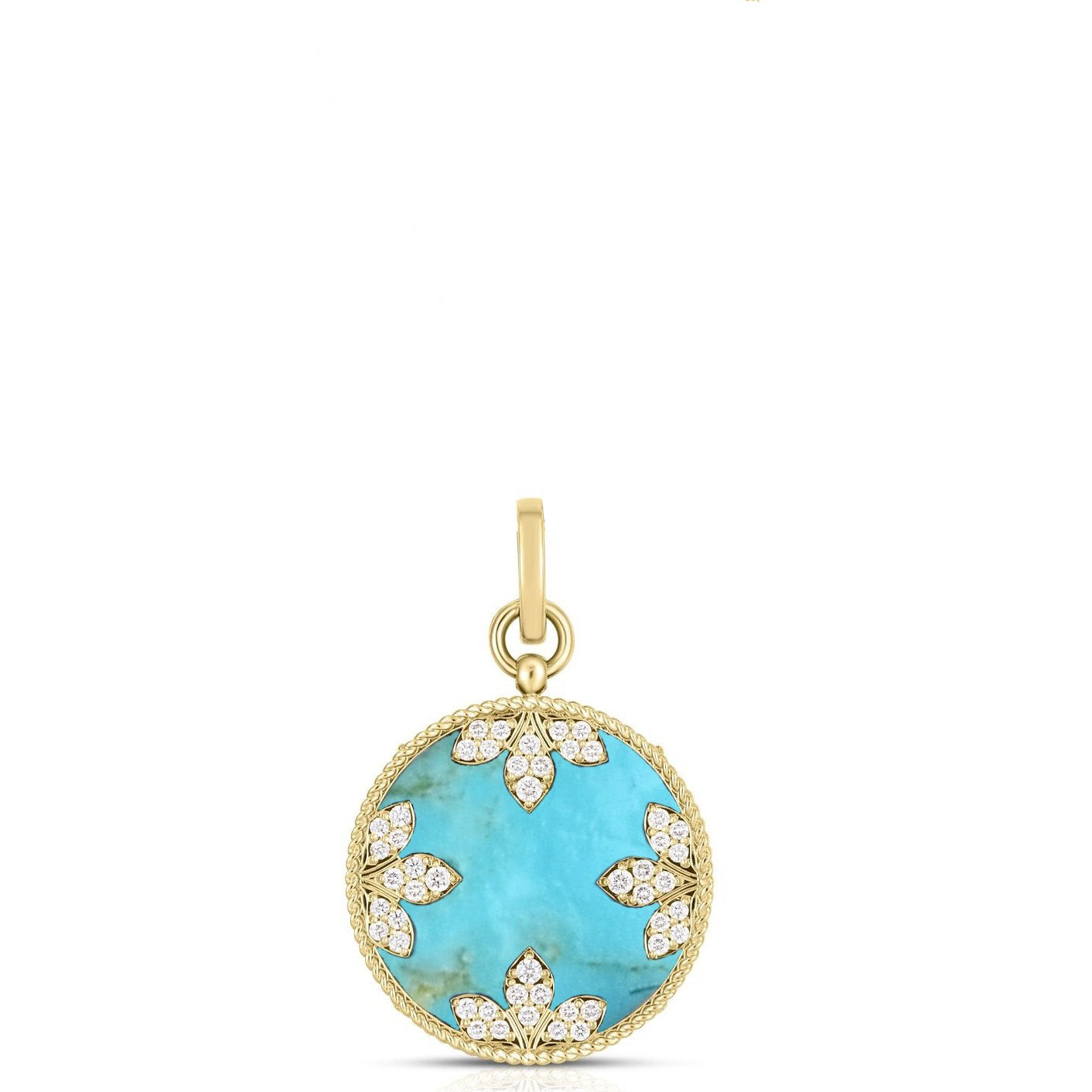 18K YELLOW GOLD VENETIAN MEDALLIONS LARGE DIAMOND AND TURQUOISE PENDANT