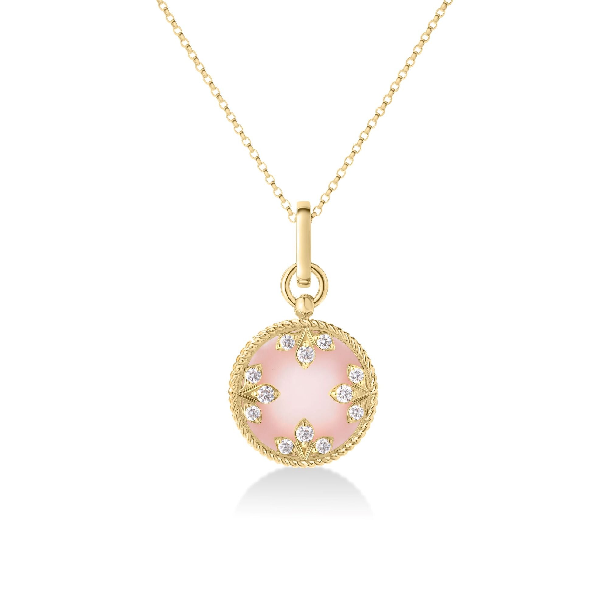 18K YELLOW GOLD VENETIAN MEDALLIONS MEDIUM DIAMOND AND PINK OPAL NECKLACE