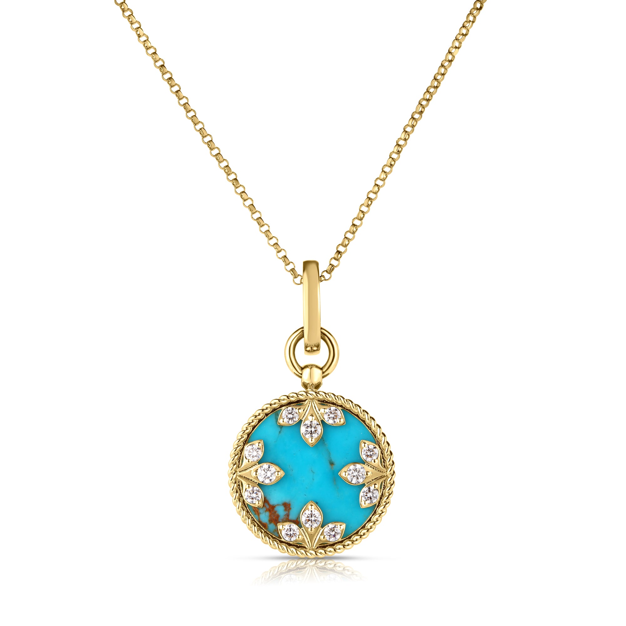 18K YELLOW GOLD VENETIAN MEDALLIONS MEDIUM DIAMOND AND TURQUOISE NECKLACE