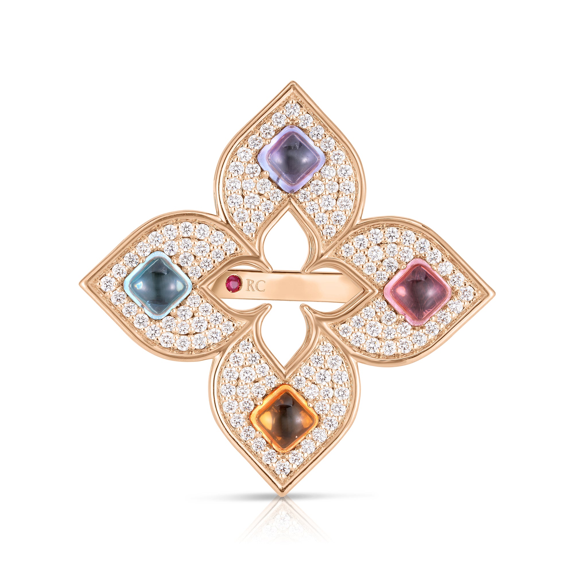 18K ROSE GOLD VENETIAN PRINCESS CARNIVAL PAVE DIAMOND & MIXED STONES (BLUE TOPAZ, CITRINE, RUBELLITE, & TANZANITE) LARGE OPEN FLOWER RING