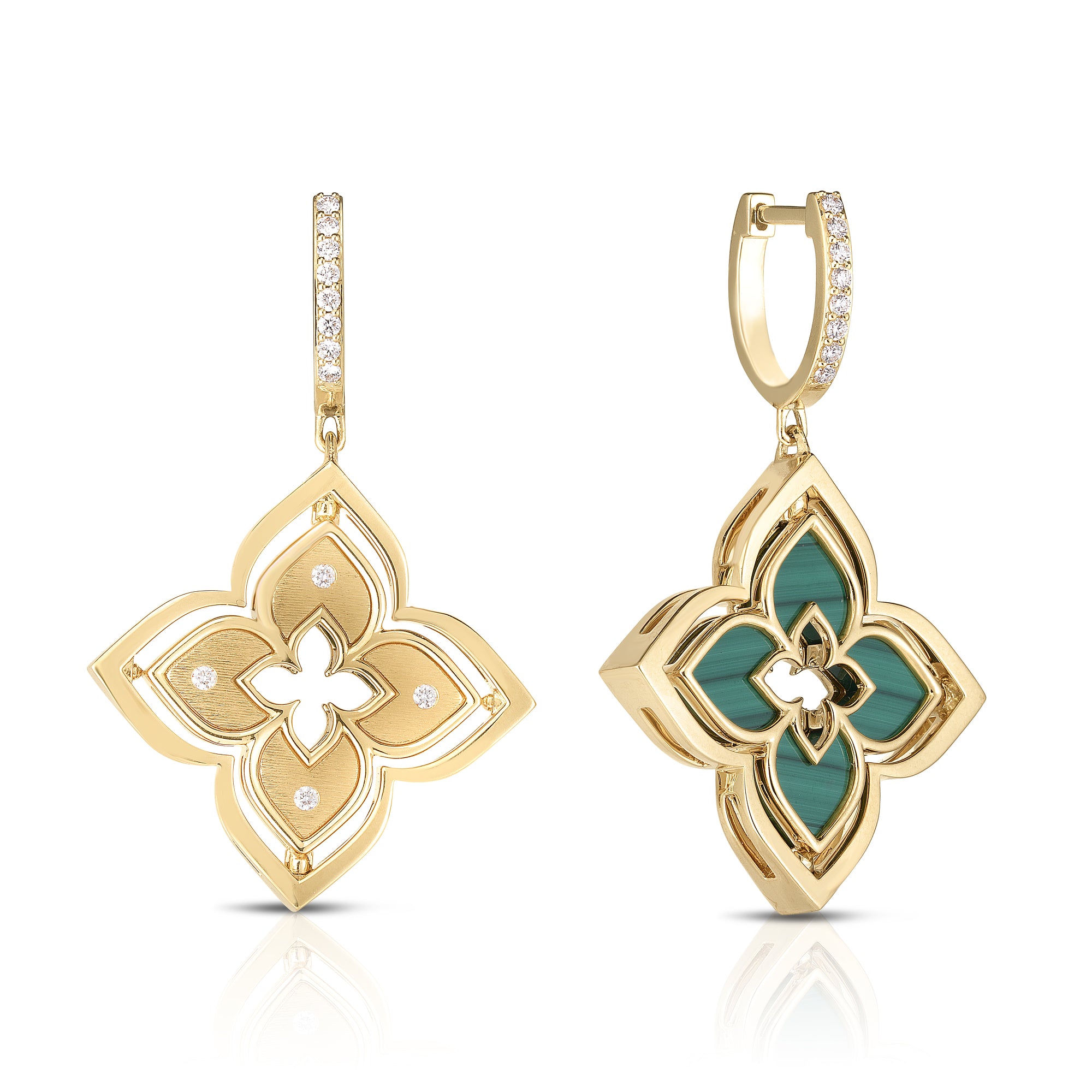 18K YELLOW GOLD VENETIAN PRINCESS PIROUETTE DIAMOND & MALACHITE FLOWER EARRINGS