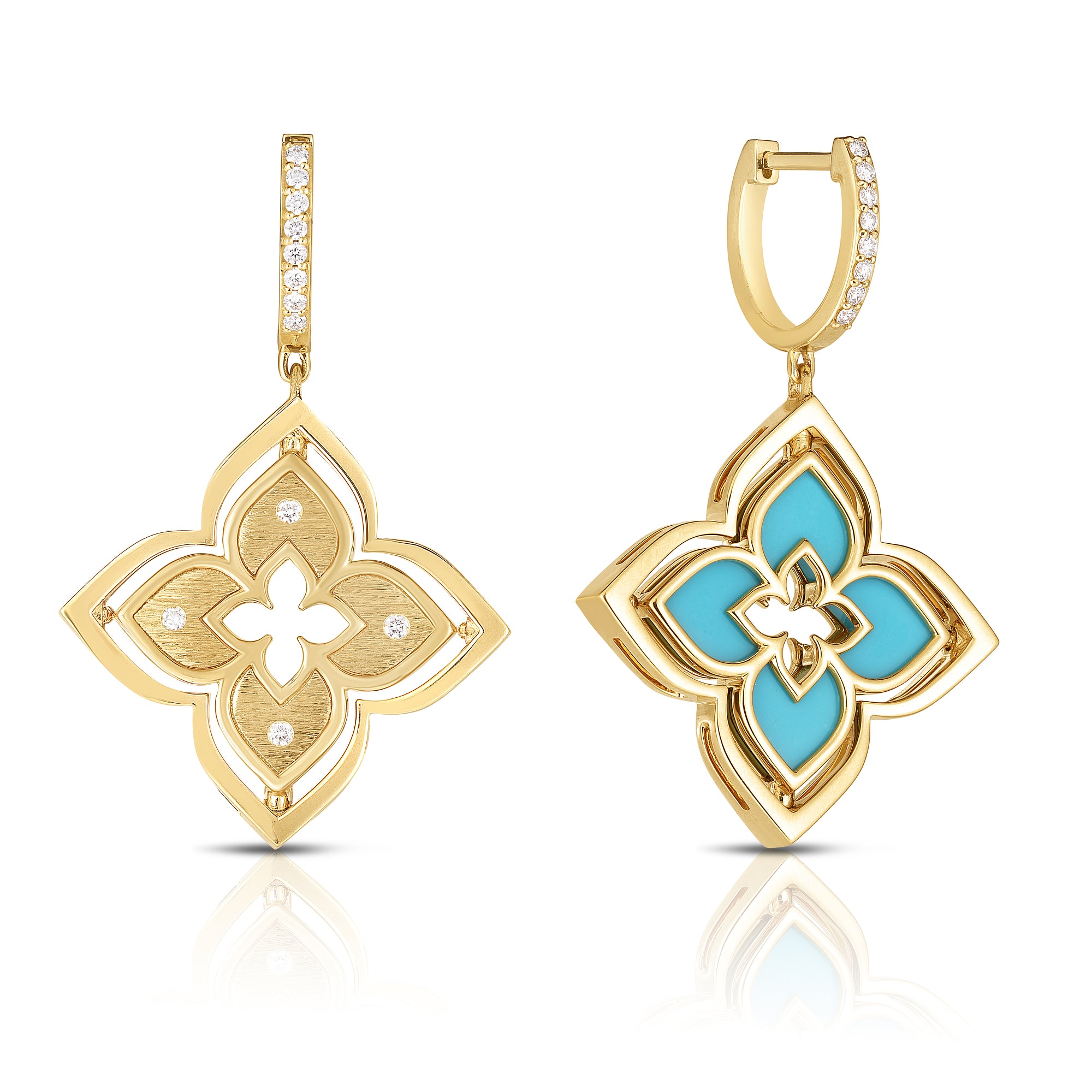 18K YELLOW GOLD VENETIAN PRINCESS PIROUETTE DIAMOND & TURQUOISE FLOWER DROP EARRINGS
