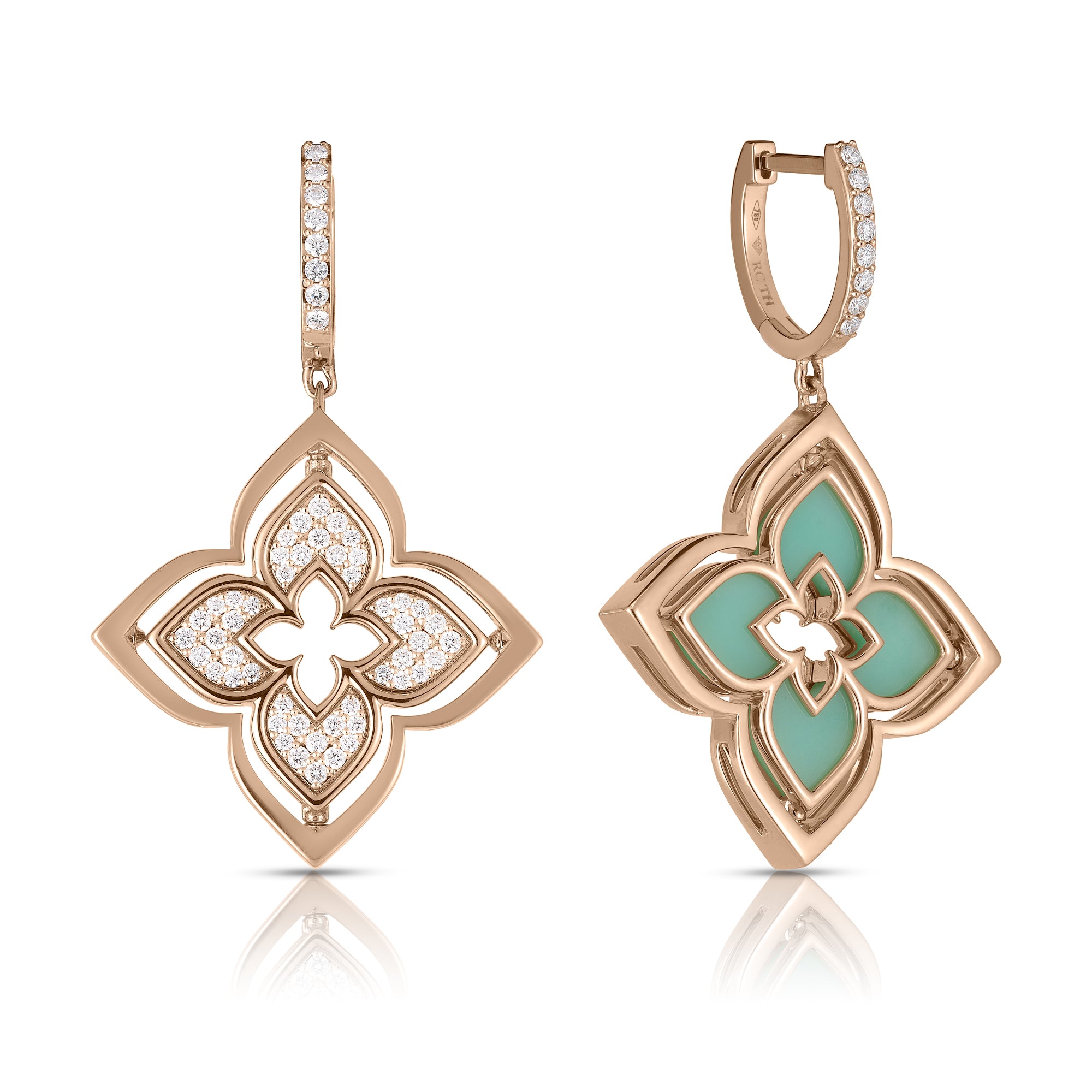 18K ROSE GOLD VENETIAN PRINCESS PIROUETTE PAVE DIAMOND & CHRYSOPRASE FLOWER DROP EARRINGS