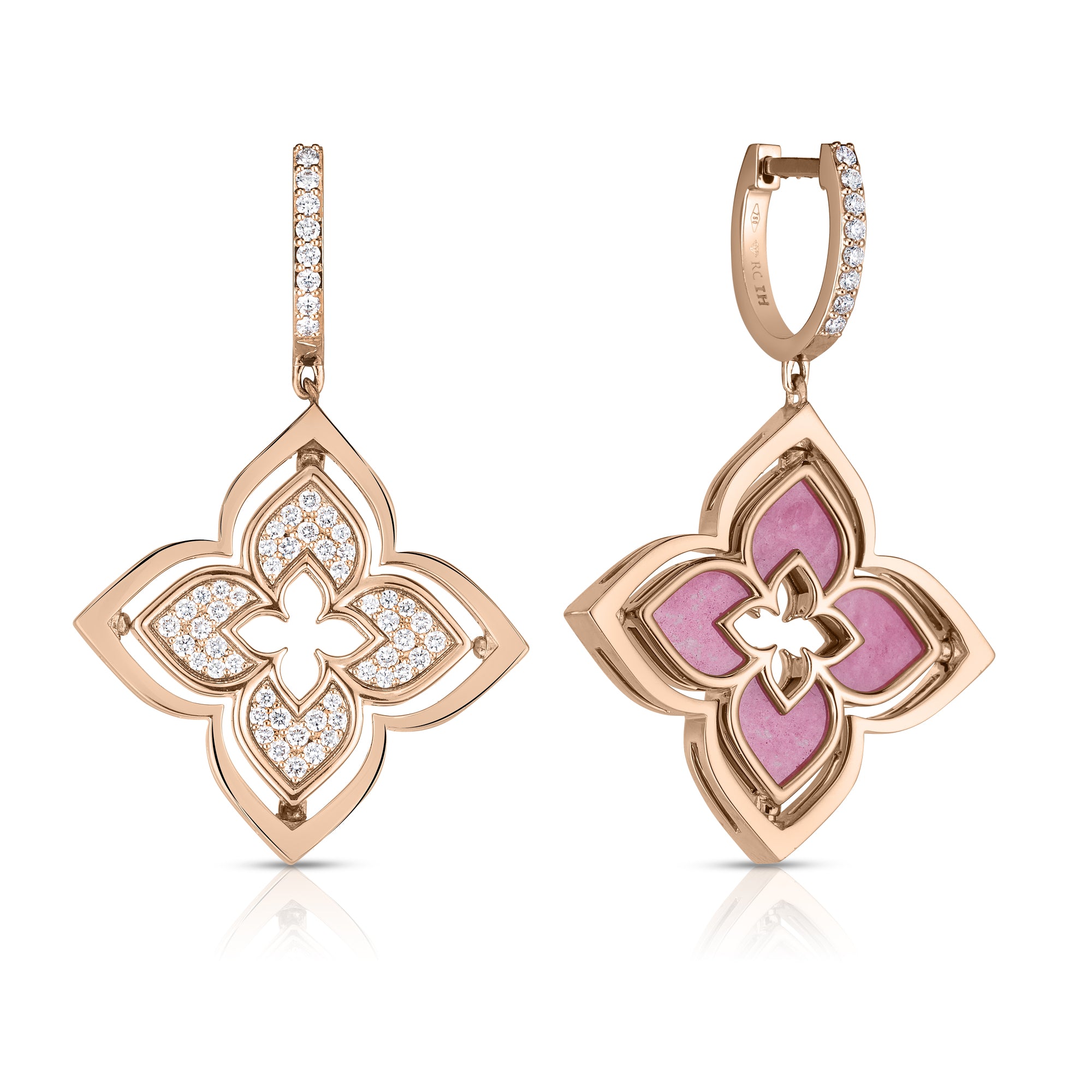 18K ROSE GOLD VENETIAN PRINCESS PIROUETTE PAVE DIAMOND & RHODONITE FLOWER DROP EARRINGS