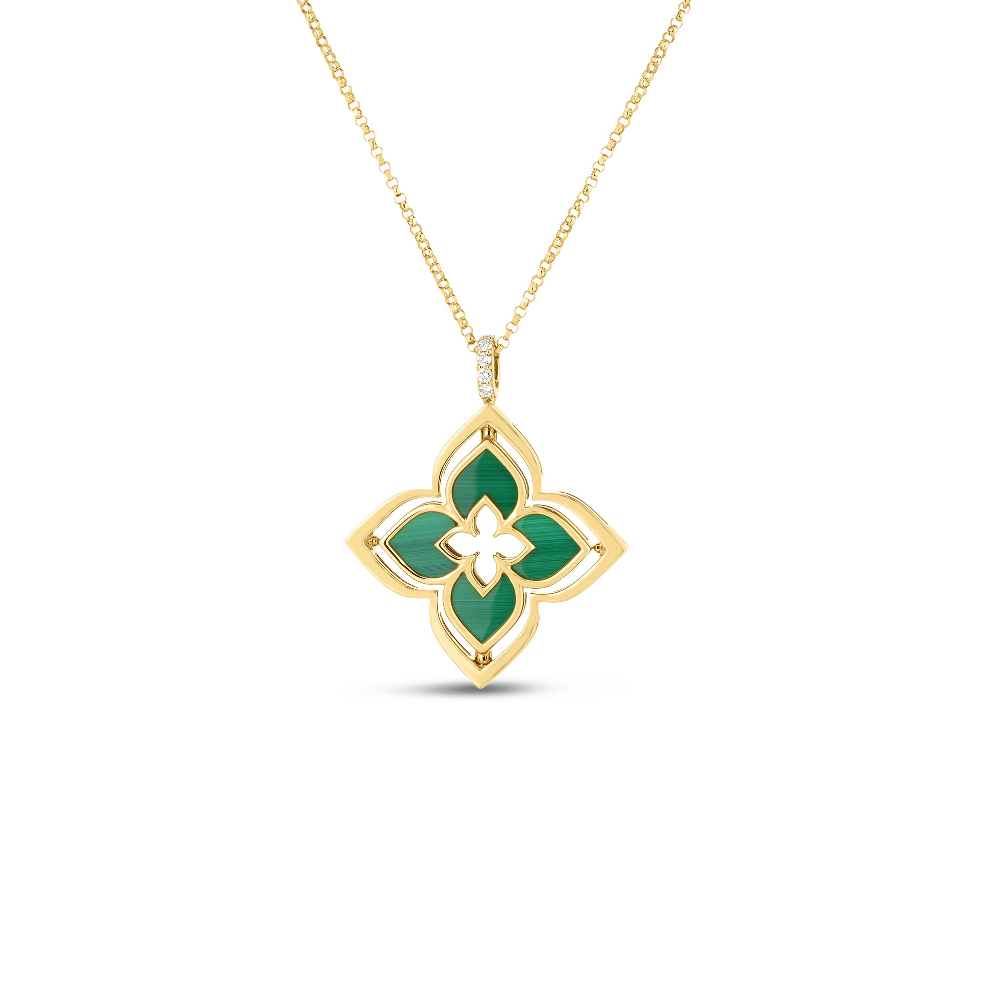18K YELLOW GOLD VENETIAN PRINCESS PIROUETTE PAVE DIAMOND & MALACHITE FLOWER NECKLACE