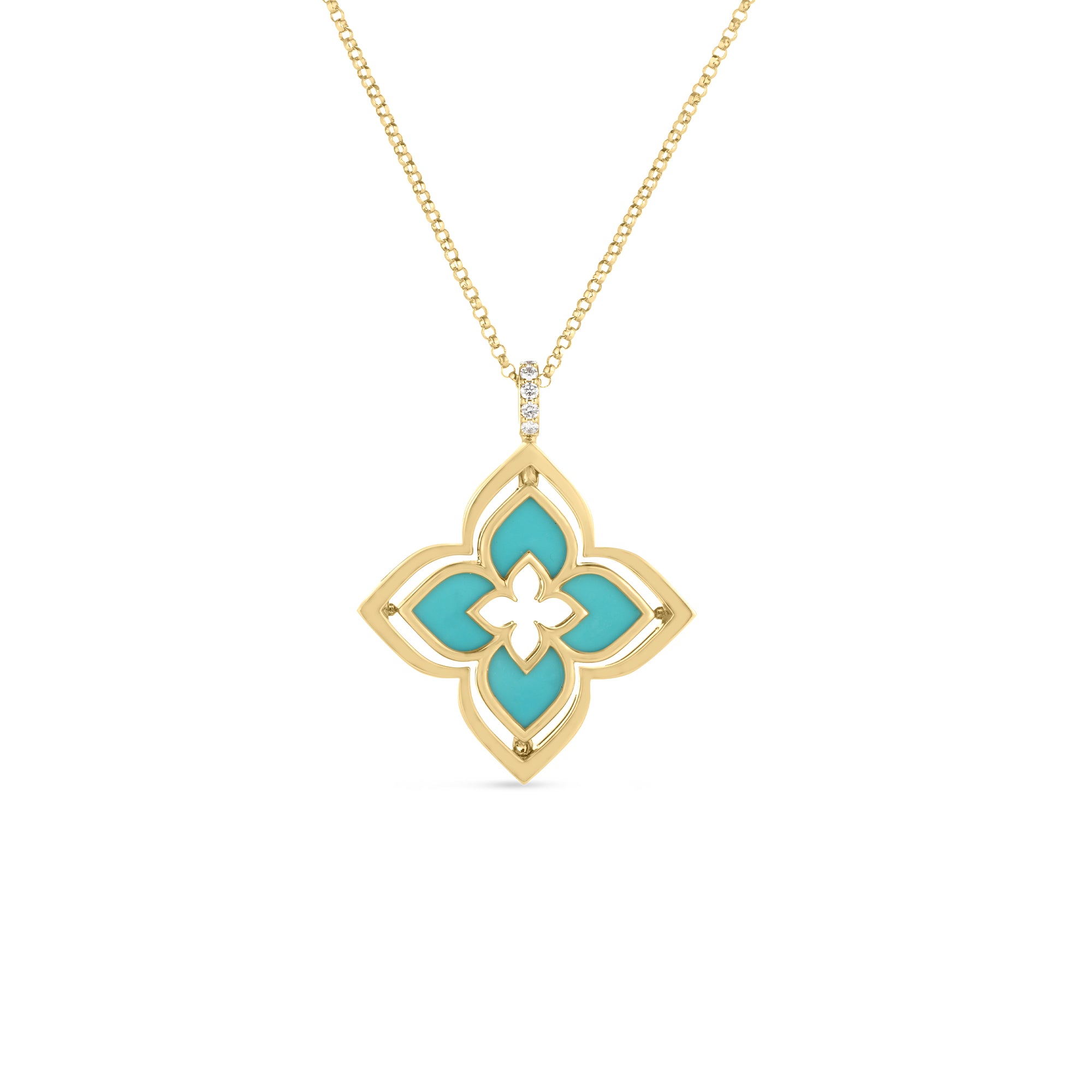 18K YELLOW GOLD VENETIAN PRINCESS PIROUETTE PAVE DIAMOND & TURQUOISE FLOWER NECKLACE