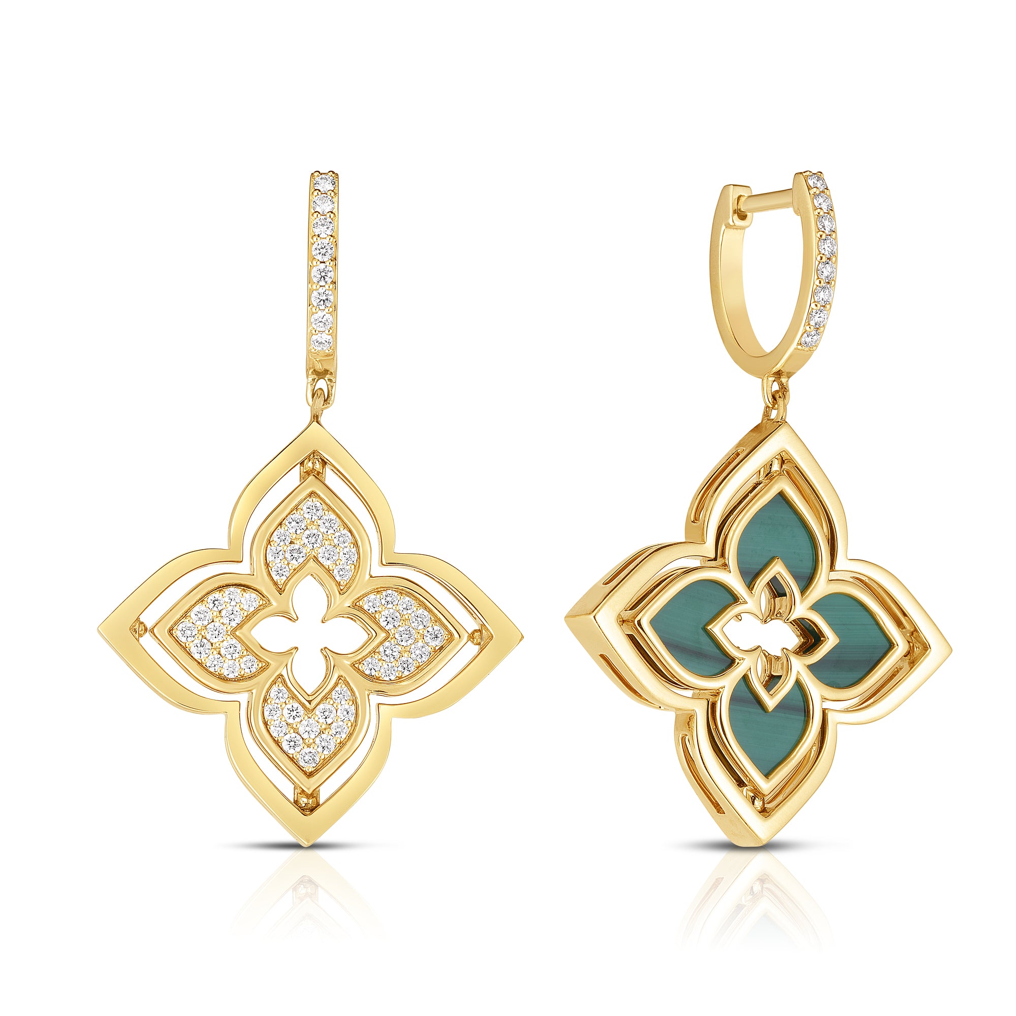 18K YELLOW GOLD VENETIAN PRINCESS PIROUETTE PAVE DIAMOND & MALACHITE FLOWER DROP EARRINGS