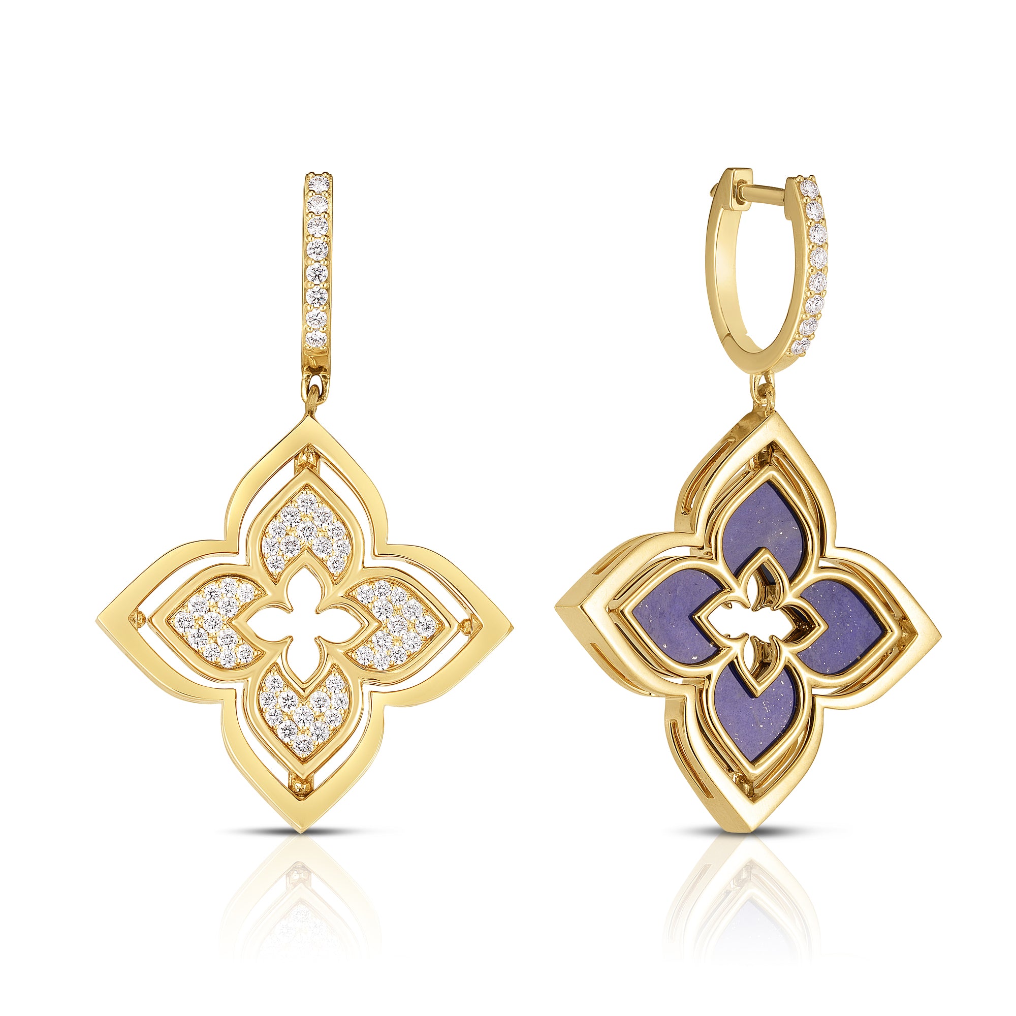 18K YELLOW GOLD VENETIAN PRINCESS PIROUETTE PAVE DIAMOND & LAPIS FLOWER DROP EARRINGS