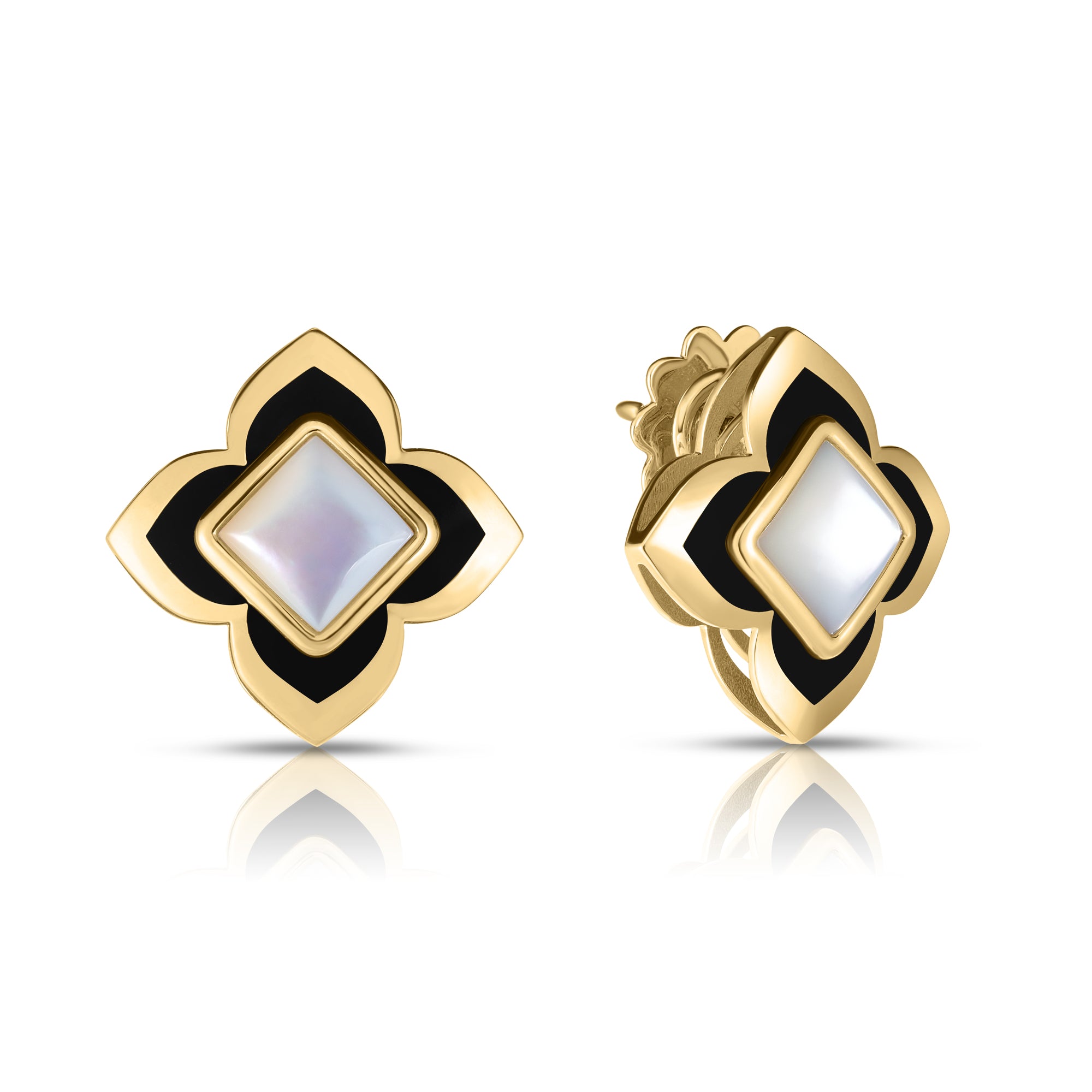 18K YELLOW GOLD PALAZZO DUCALE CARNIVAL BLACK ENAMEL & MOTHER OF PEARL FLOWER STUD EARRINGS
