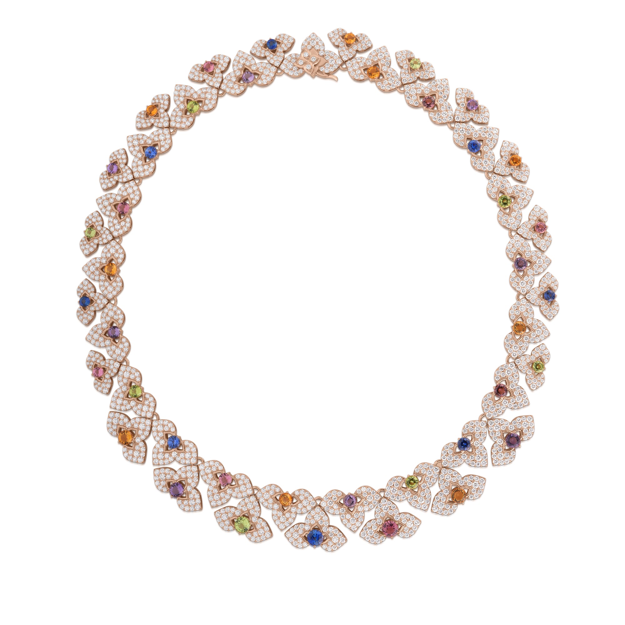 18K ROSE GOLD VENETIAN PRINCESS CARNIVAL PAVE DIAMOND & MIXED STONES (AMETHYST, BLUE SAPPHIRE, CITRINE, PERIDOT, & RUBELLITE) CUT FLOWERS NECKLACE
