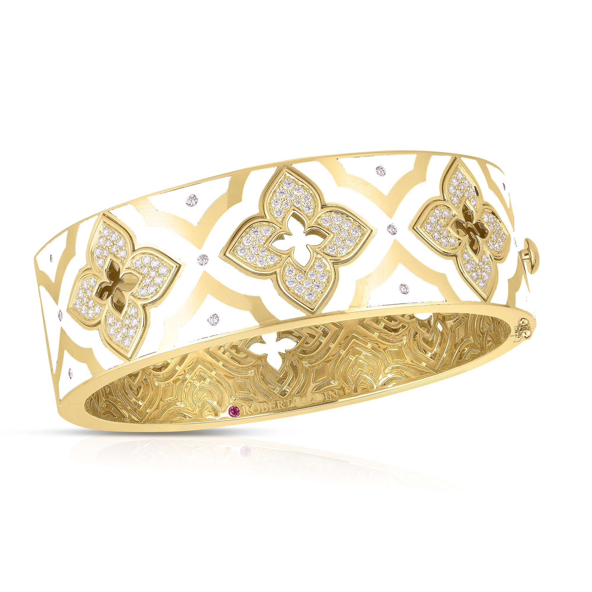 18K YELLOW GOLD VENETIAN PRINCESS WIDE DIAMOND & WHITE ENAMEL FLOWER WIDE BANGLE