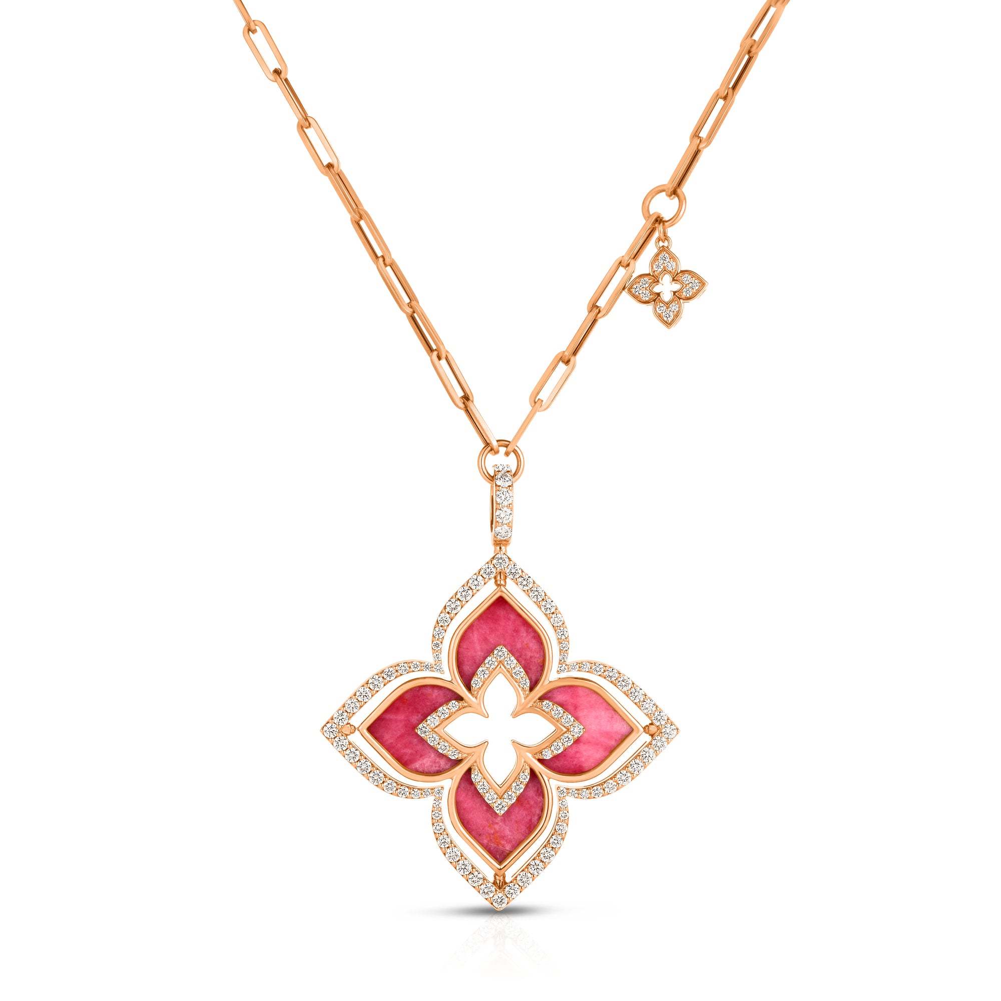 18K ROSE GOLD VENETIAN PRINCESS PIROUETTE DIAMOND & RHODONITE LARGE FLOWER NECKLACE