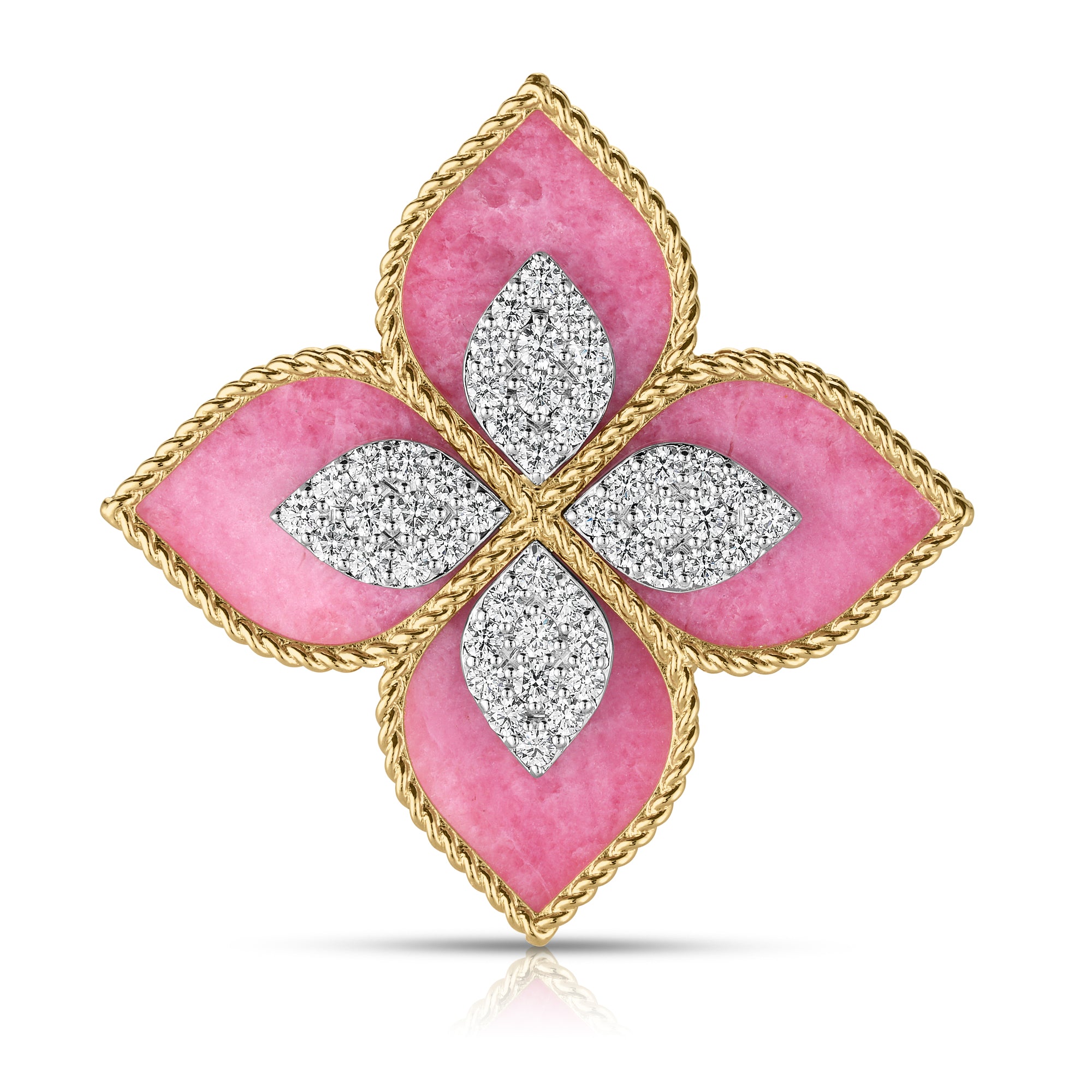 18K YELLOW/WHITE GOLD VENETIAN PRINCESS DIAMOND & RHODONITE LARGE FLOWER RING