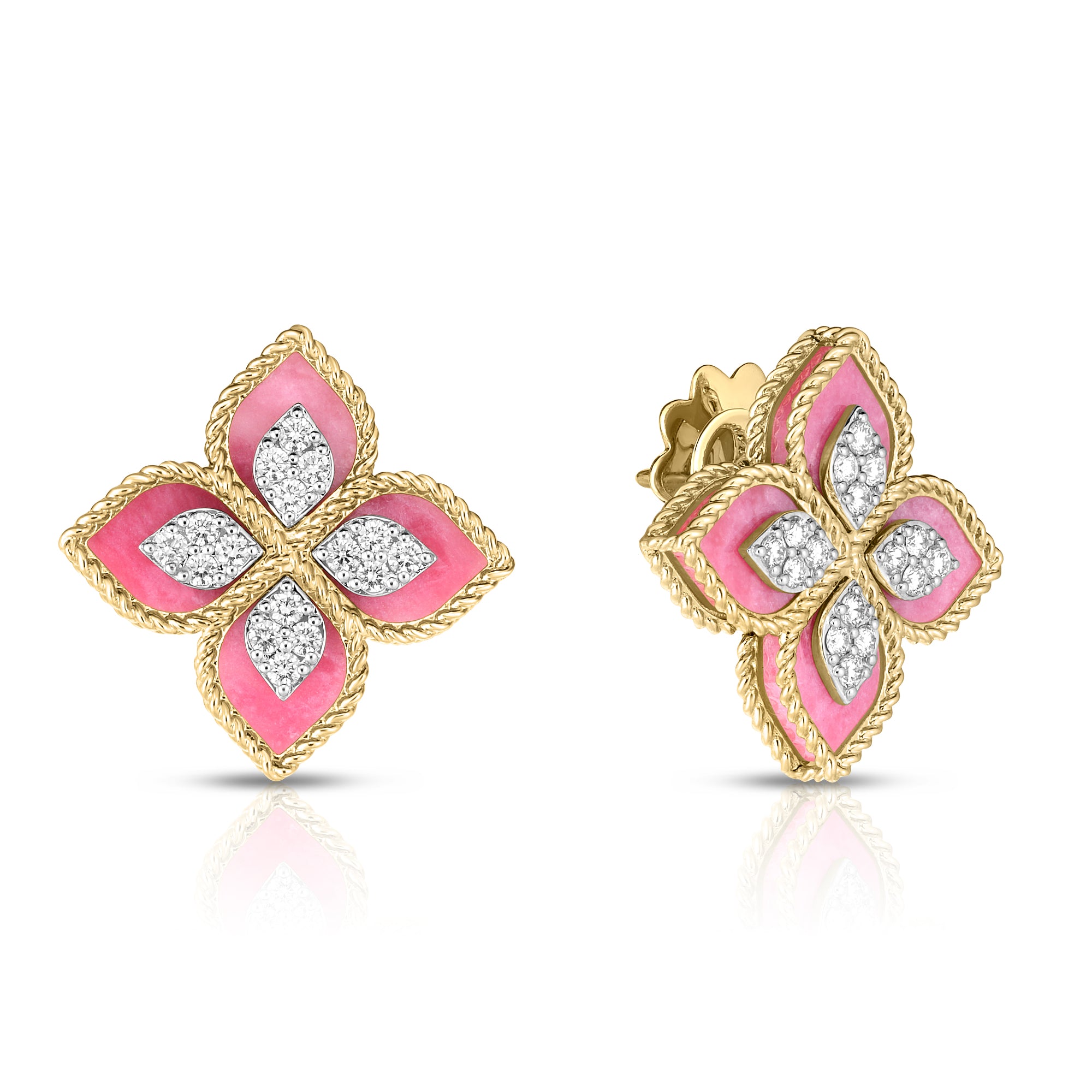 18K YELLOW/WHITE GOLD VENETIAN PRINCESS DIAMOND & RHODONITE FLOWER STUD EARRINGS