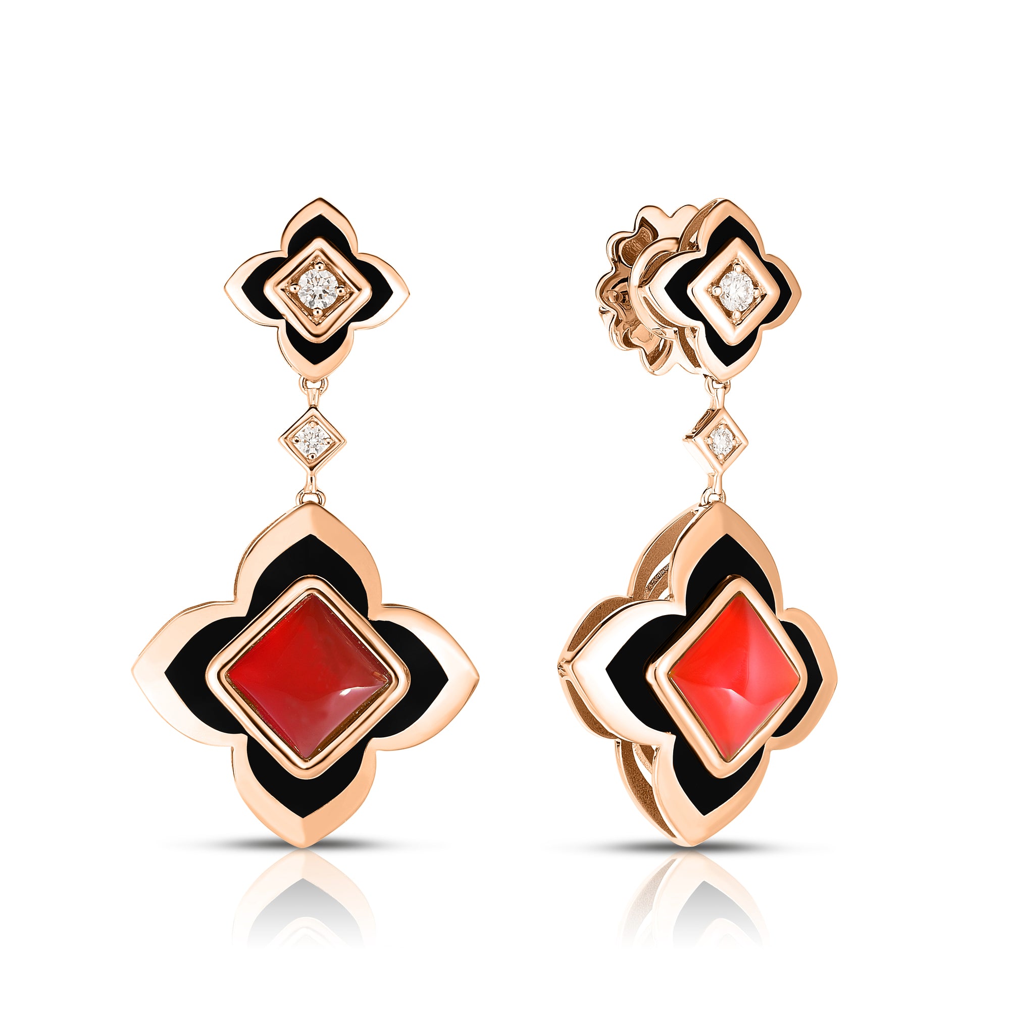 18K ROSE GOLD PALAZZO DUCALE CARNIVAL BLACK ENAMEL, DIAMOND, & RED AGATE DANGLE FLOWER EARRINGS