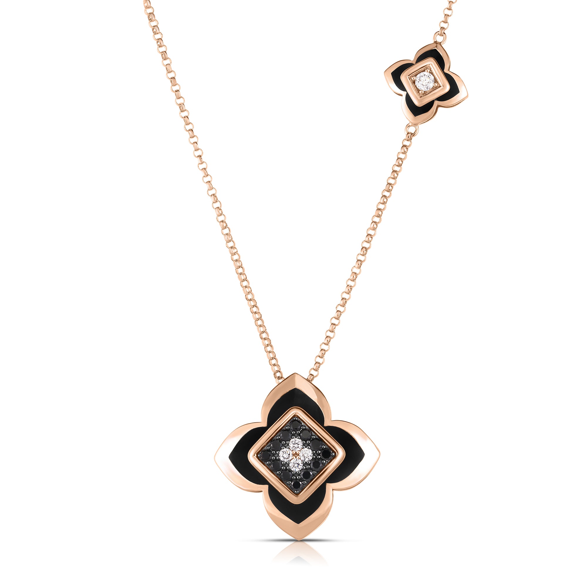 18K ROSE GOLD PALAZZO DUCALE CARNIVAL BLACK DIAMOND, BLACK ENAMEL, & WHITE DIAMOND FLOWER NECKLACE