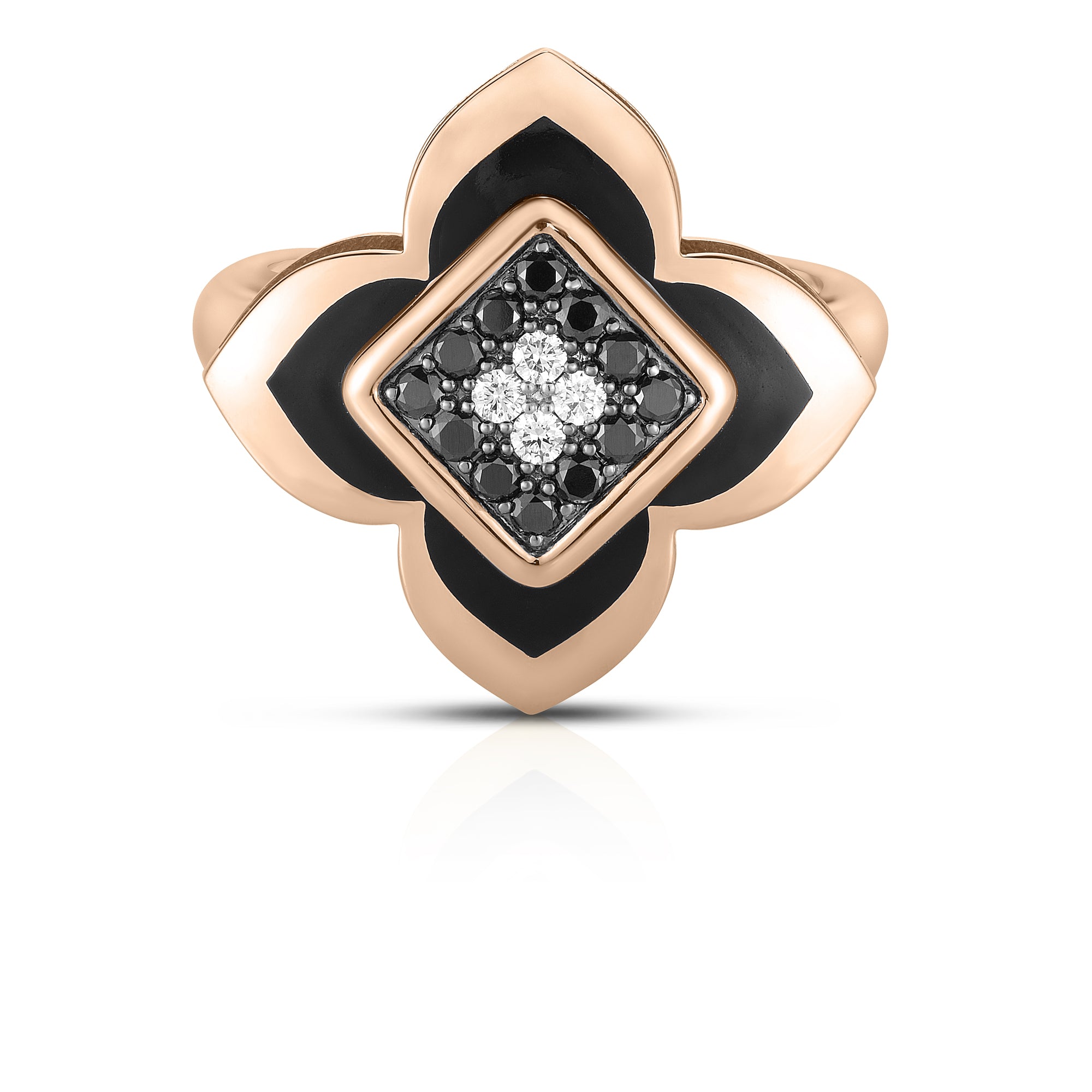 18K ROSE GOLD PALAZZO DUCALE CARNIVAL BLACK DIAMOND, BLACK ENAMEL, & WHITE DIAMOND FLOWER RING