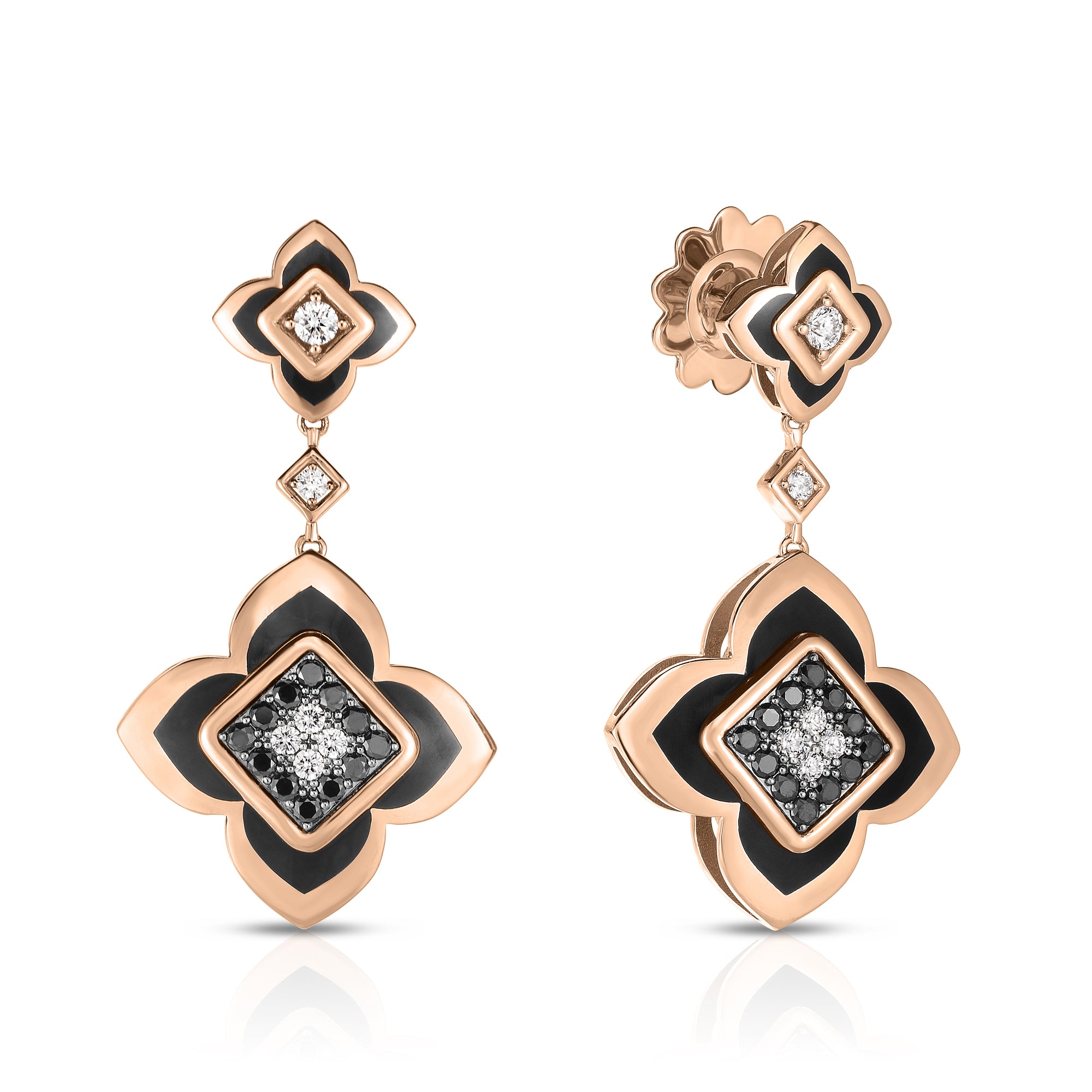 18K ROSE GOLD PALAZZO DUCALE CARNIVAL BLACK DIAMOND, BLACK ENAMEL, & WHITE DIAMOND FLOWER DANGLE EARRINGS