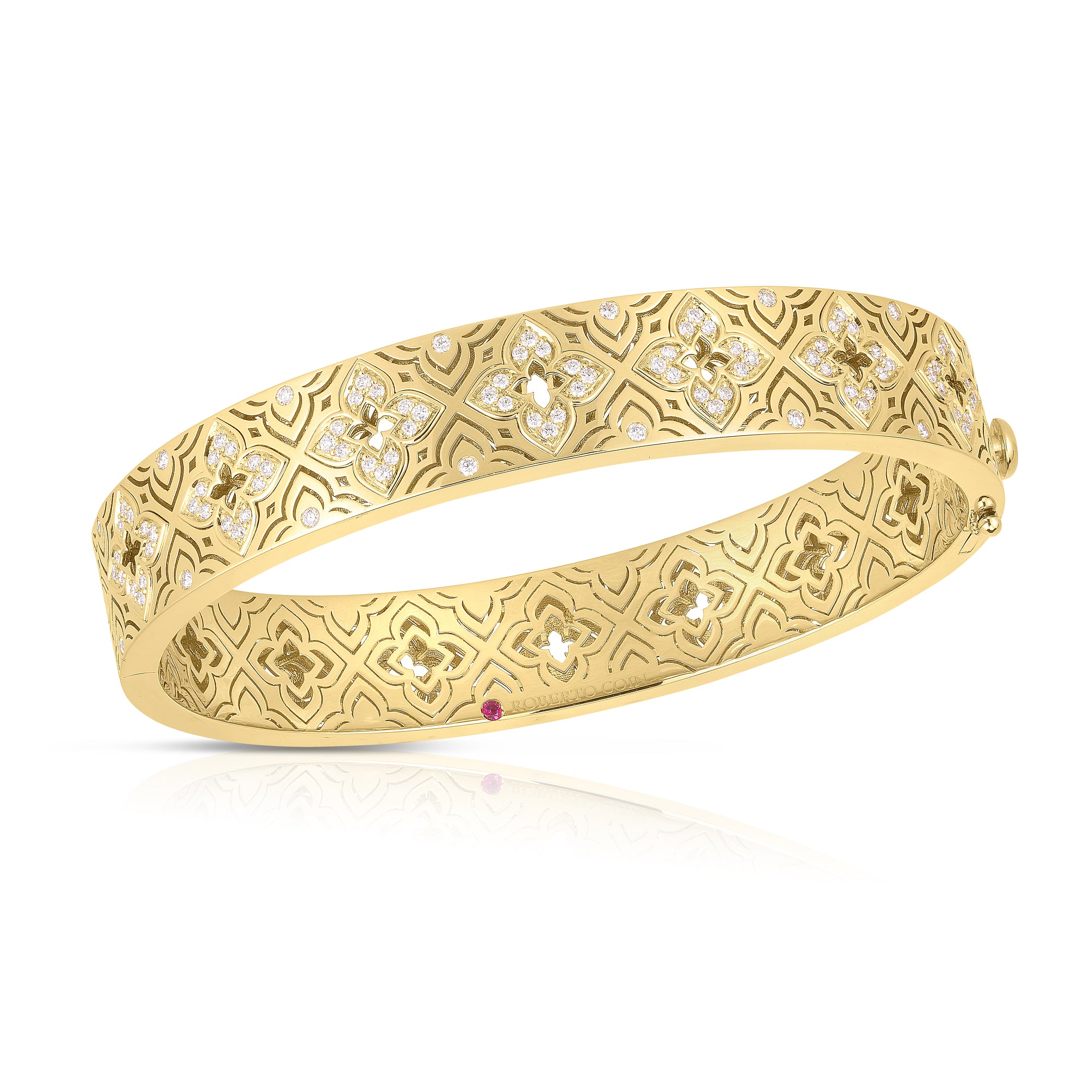18K YELLOW GOLD VENETIAN PRINCESS ETCHED FRAME DIAMOND FLOWER BANGLE