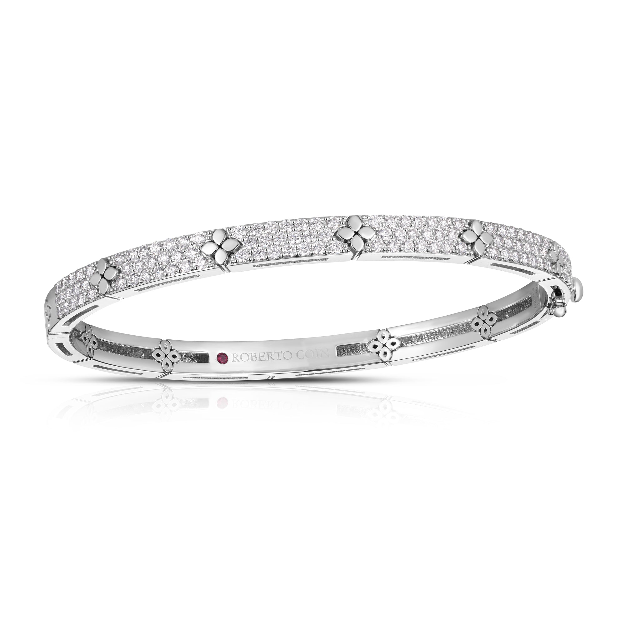 18K WHITE GOLD LOVE IN VERONA PAVE DIAMOND & POLISHED FLOWER NARROW BANGLE