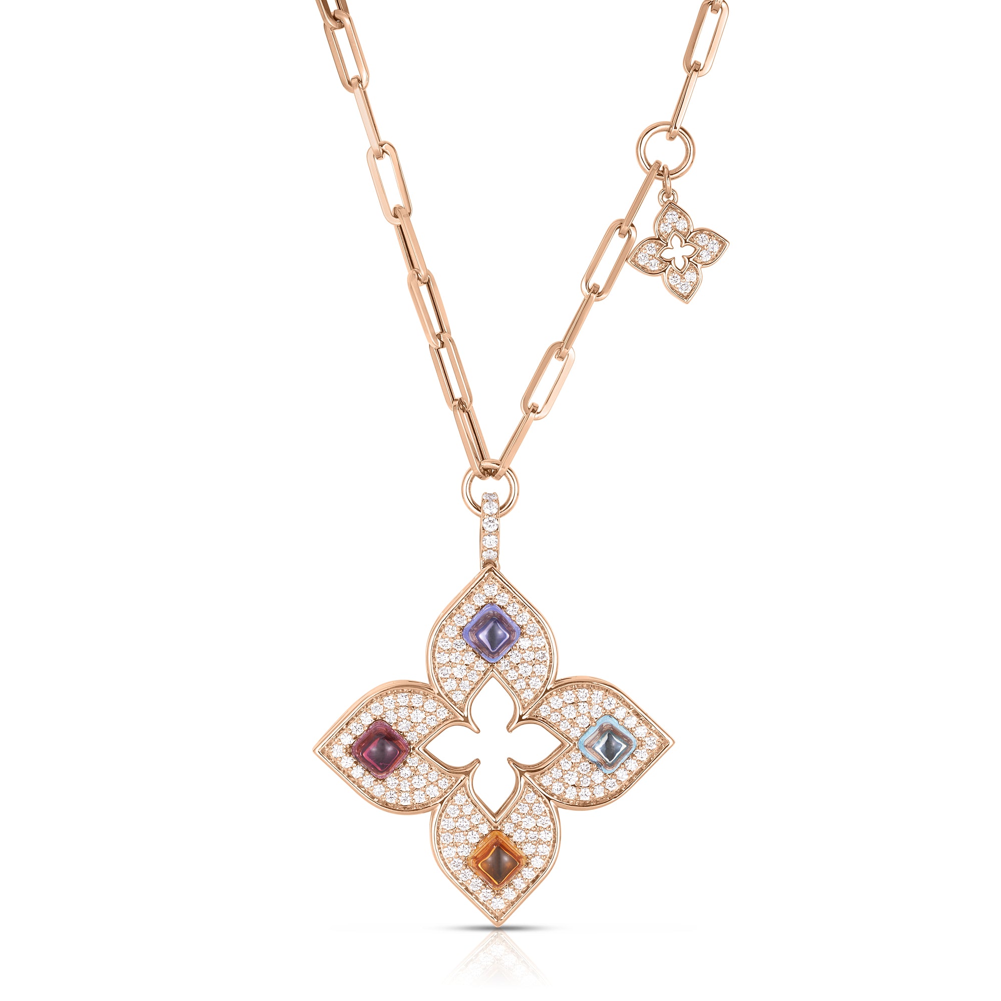 18K ROSE GOLD VENETIAN PRINCESS CARNIVAL PAVE DIAMOND & MIXED STONES (BLUE TOPAZ, CITRINE, RUBELLITE, & TANZANITE) LARGE OPEN FLOWER NECKLACE
