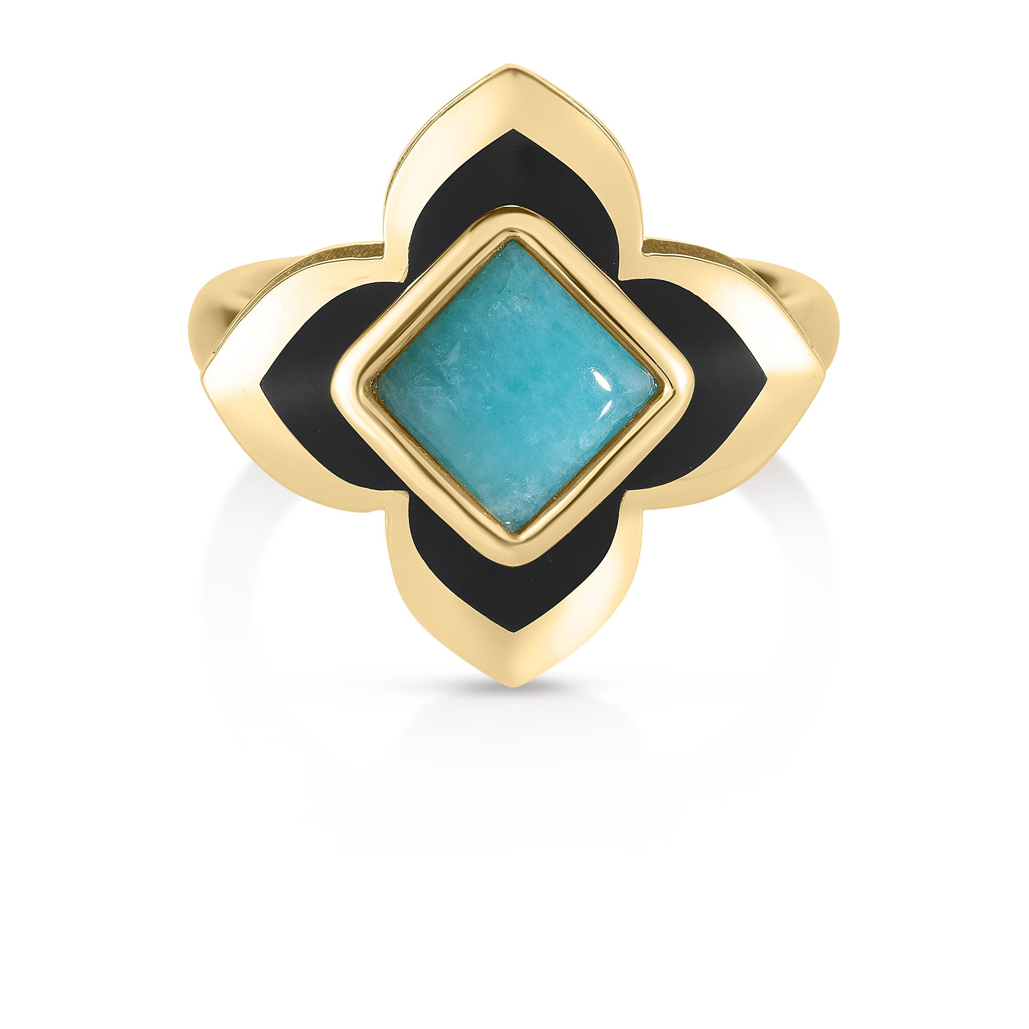 18K YELLOW GOLD PALAZZO DUCALE CARNIVAL AMAZONITE & BLACK ENAMEL FLOWER RING