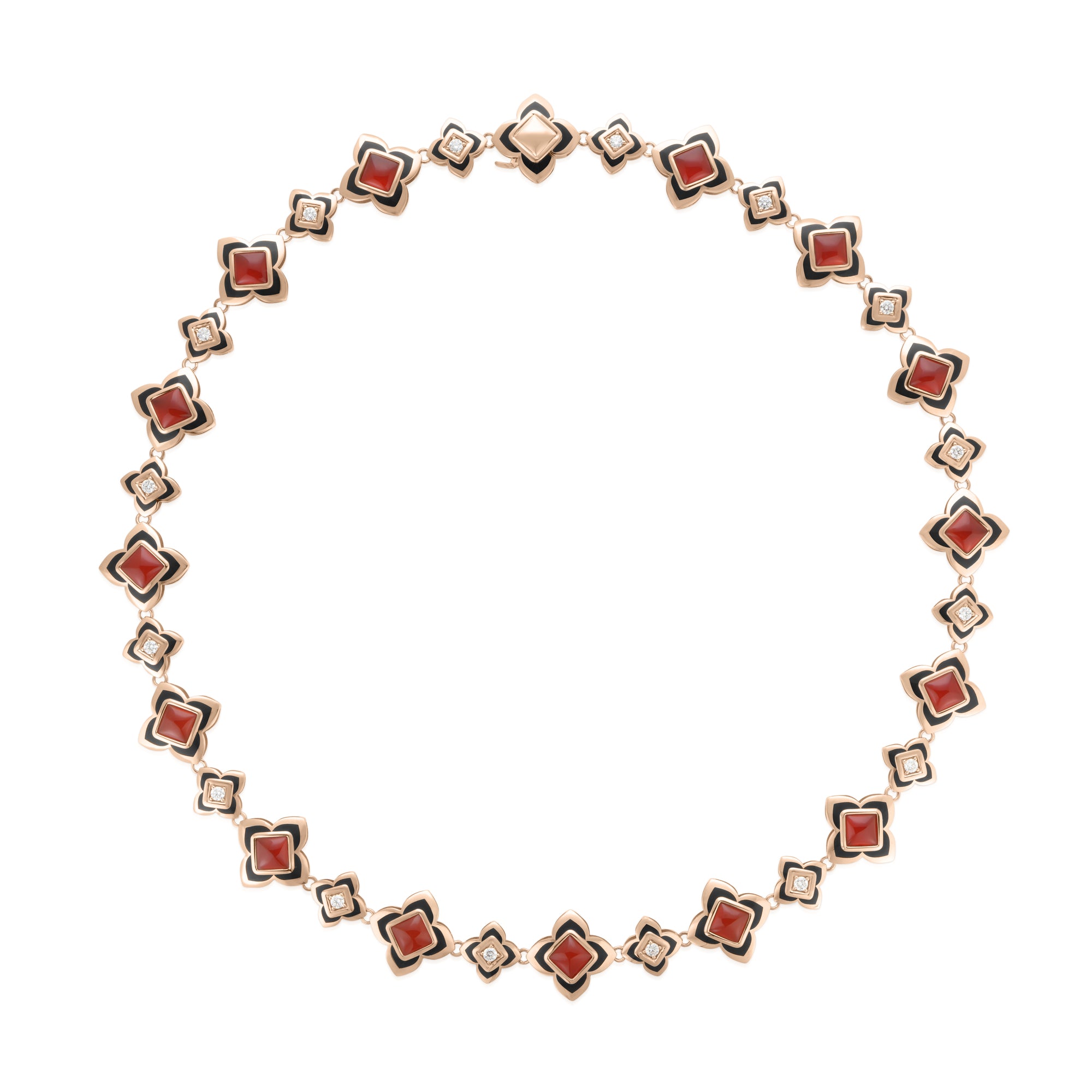 18K ROSE GOLD PALAZZO DUCALE CARNIVAL BLACK ENAMEL, DIAMOND, & RED AGATE FLOWER NECKLACE
