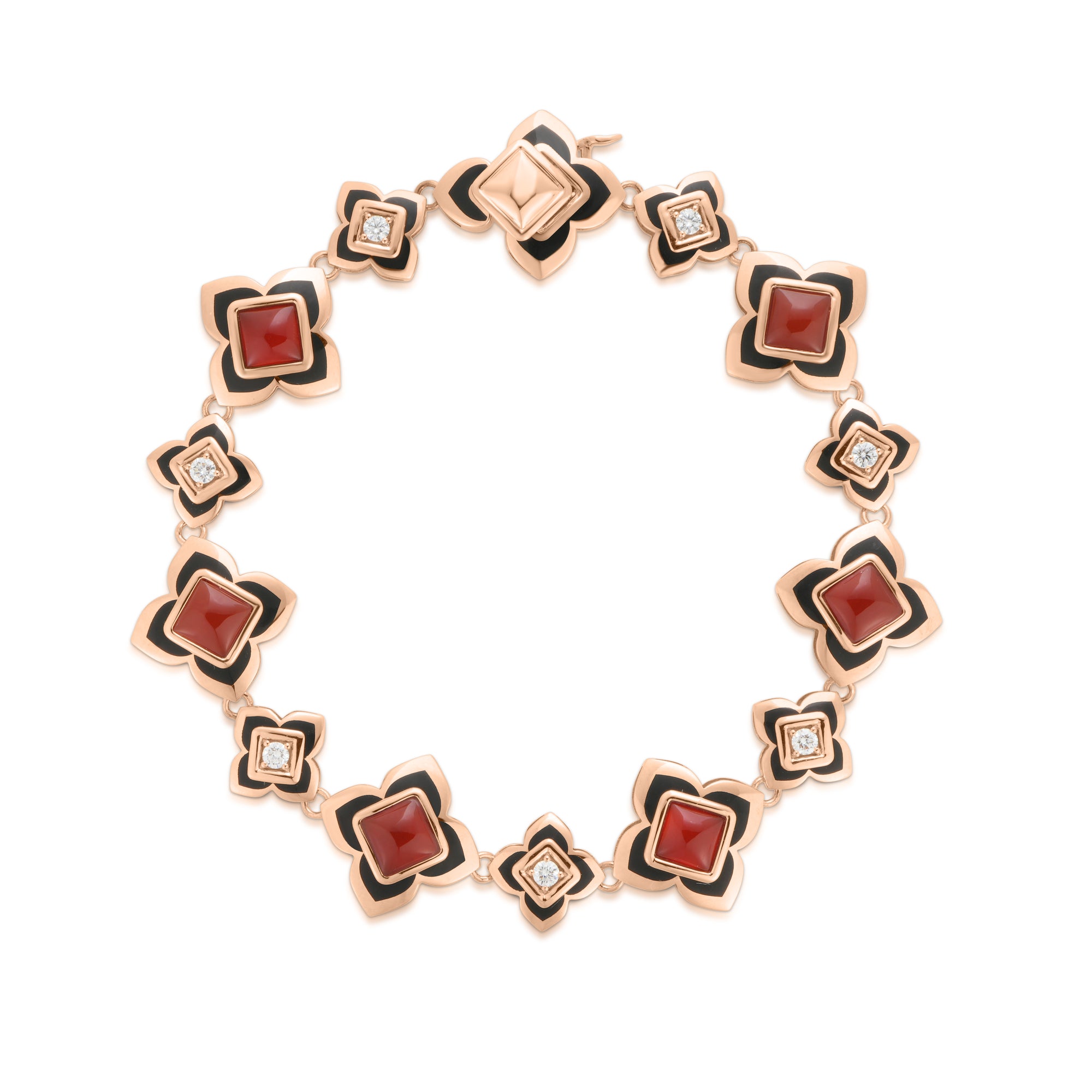 18K ROSE GOLD PALAZZO DUCALE CARNIVAL BLACK ENAMEL, DIAMOND, & RED AGATE FLOWER BRACELET