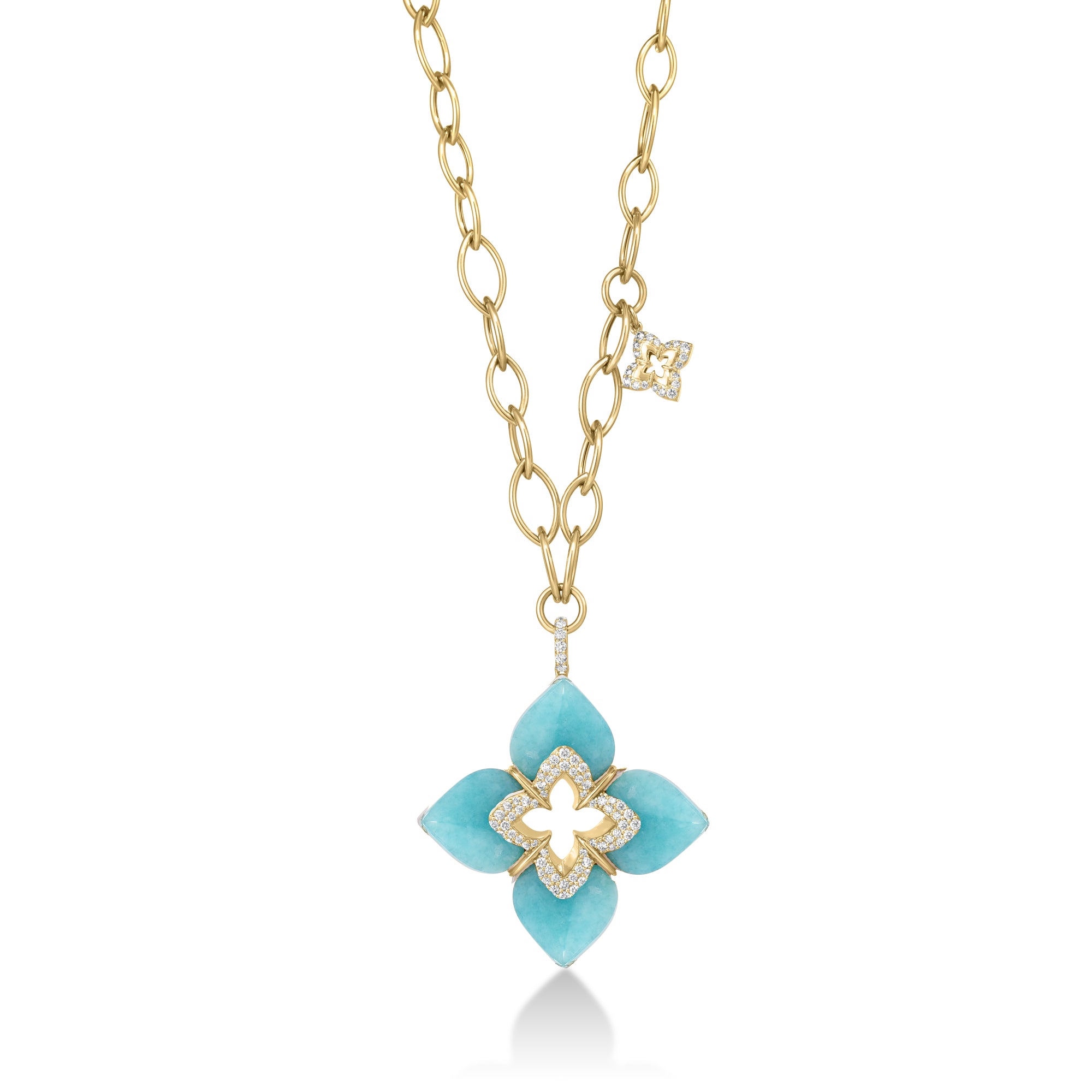 18K YELLOW GOLD VENETIAN PRINCESS CABOCHON DIAMOND & AMAZONITE FLOWER LONG NECKLACE