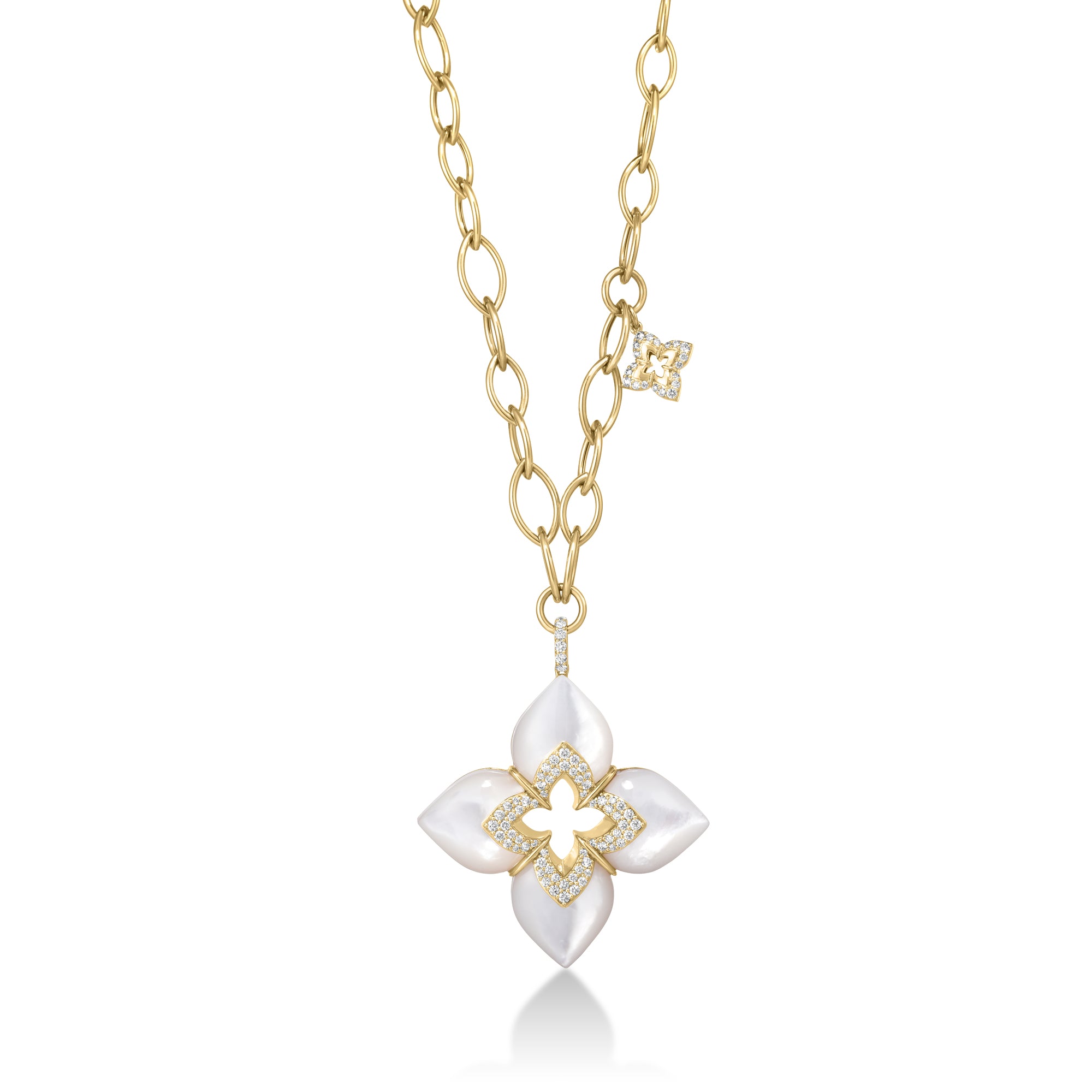 18K YELLOW GOLD VENETIAN PRINCESS CABOCHON DIAMOND & MOTHER OF PEARL FLOWER NECKLACE