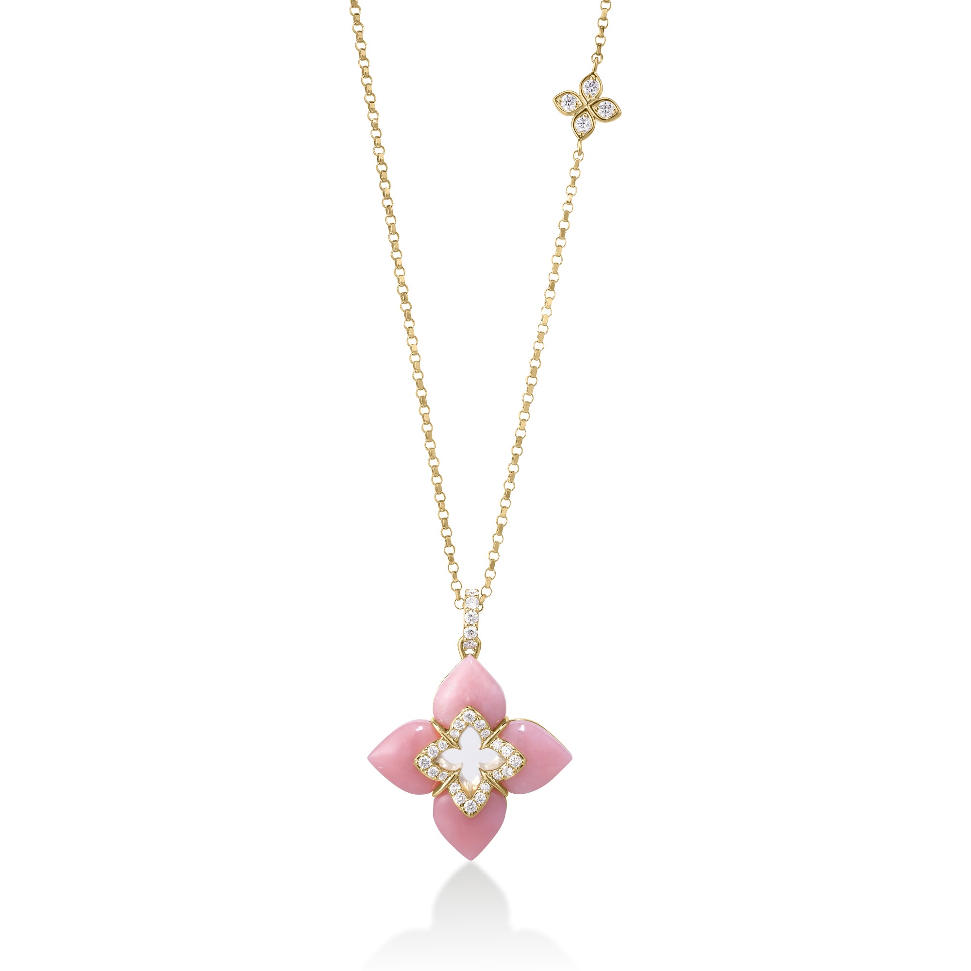 18K YELLOW GOLD VENETIAN PRINCESS CABOCHON DIAMOND & PINK OPAL FLOWER NECKLACE