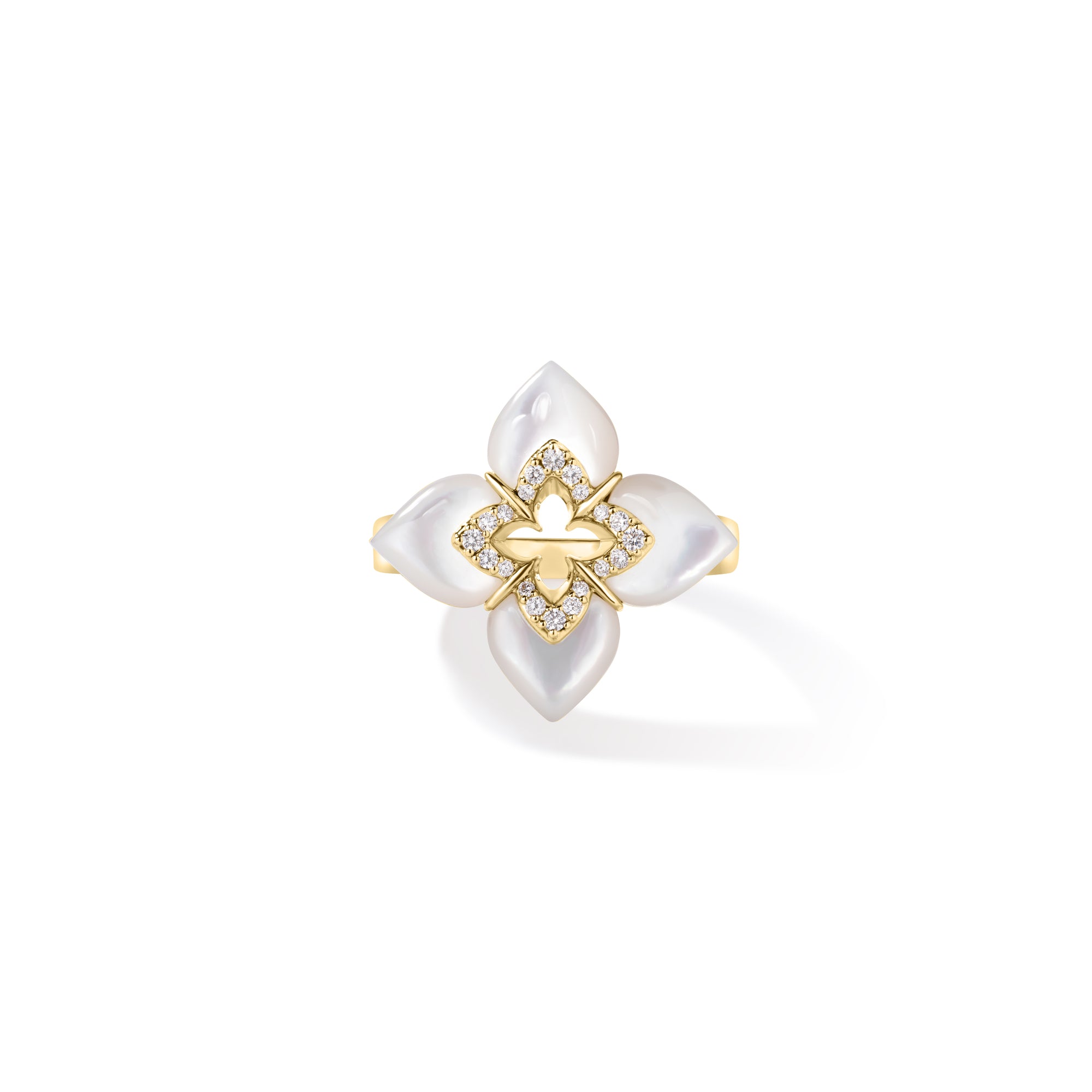 18K YELLOW GOLD VENETIAN PRINCESS CABOCHON DIAMOND & MOTHER OF PEARL FLOWER RING