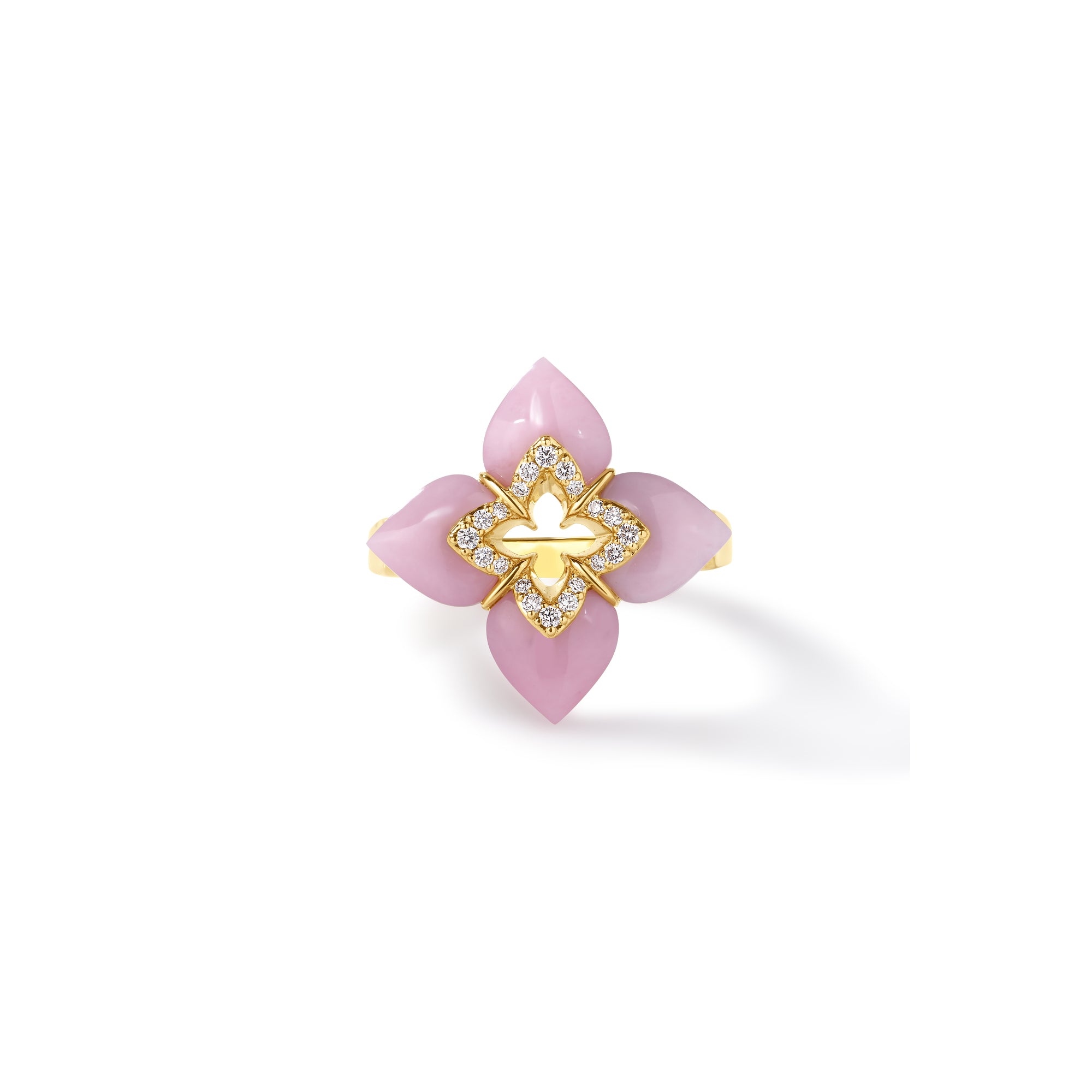 18K YELLOW GOLD VENETIAN PRINCESS CABOCHON DIAMOND & PINK OPAL FLOWER RING