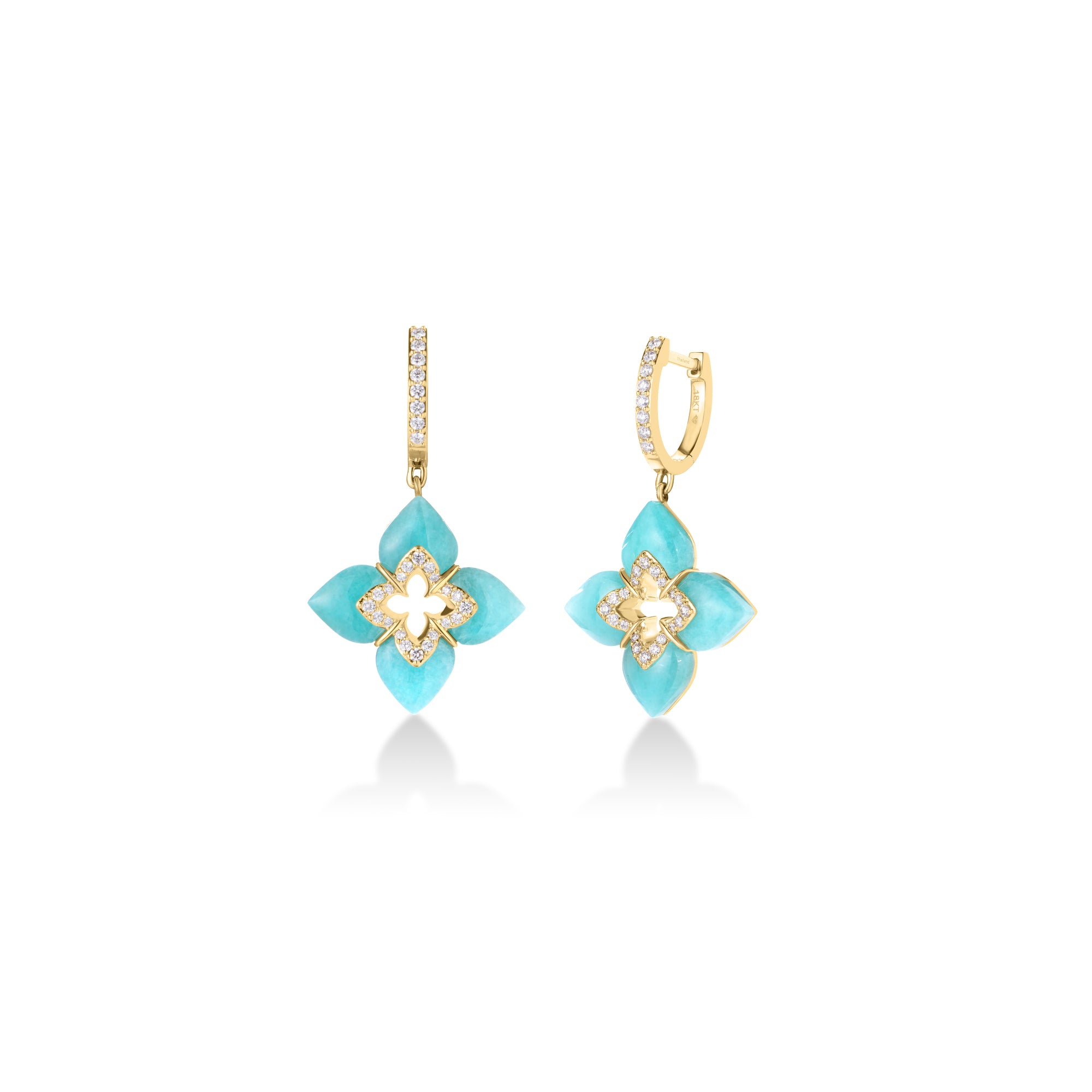18K YELLOW GOLD VENETIAN PRINCESS CABOCHON DIAMOND & AMAZONITE FLOWER DANGLE EARRINGS