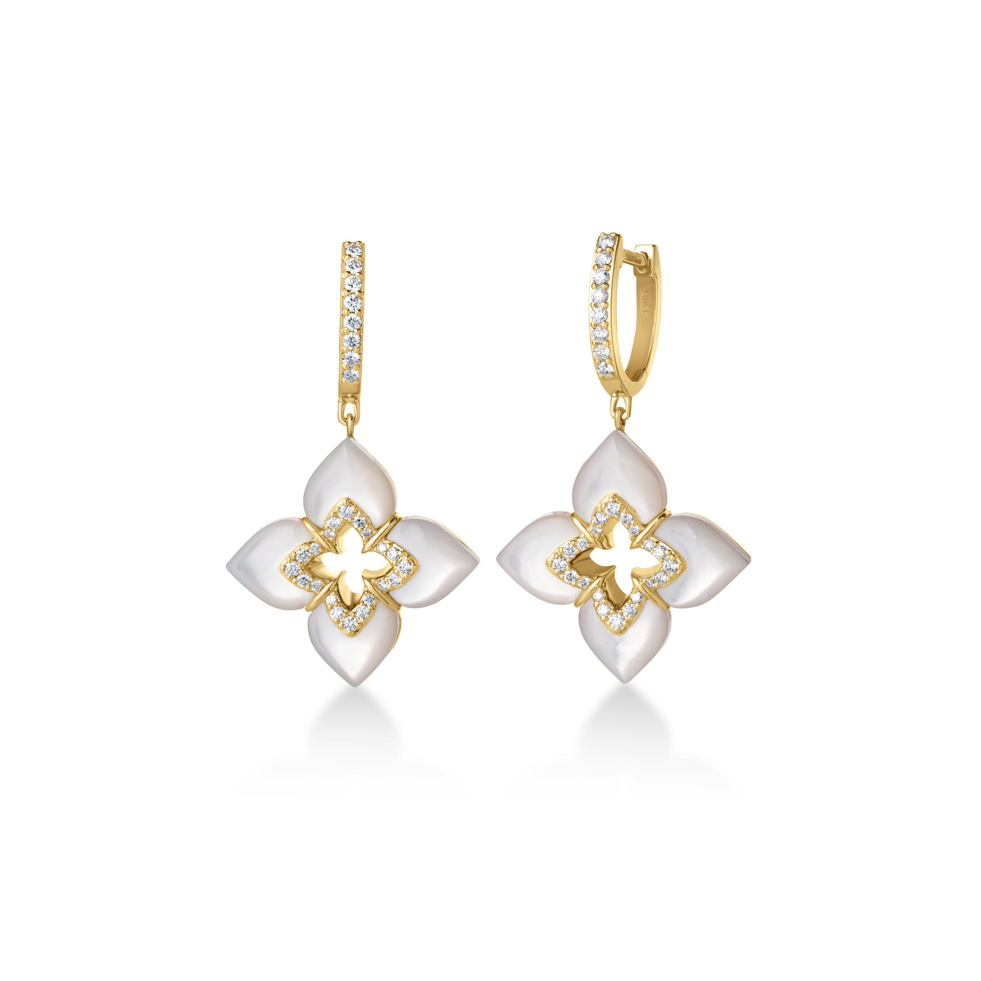 18K YELLOW GOLD VENETIAN PRINCESS CABOCHON DIAMOND & MOTHER OF PEARL FLOWER DANGLE EARRINGS