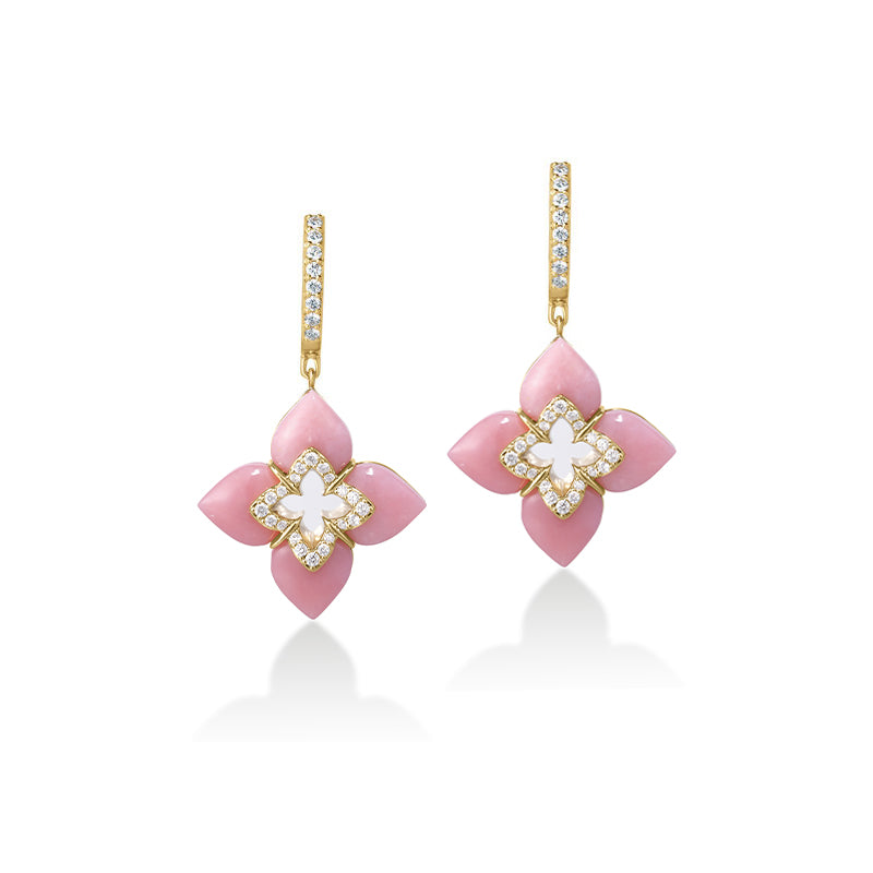 18K YELLOW GOLD VENETIAN PRINCESS CABOCHON DIAMOND & PINK OPAL FLOWER DANGLE EARRINGS