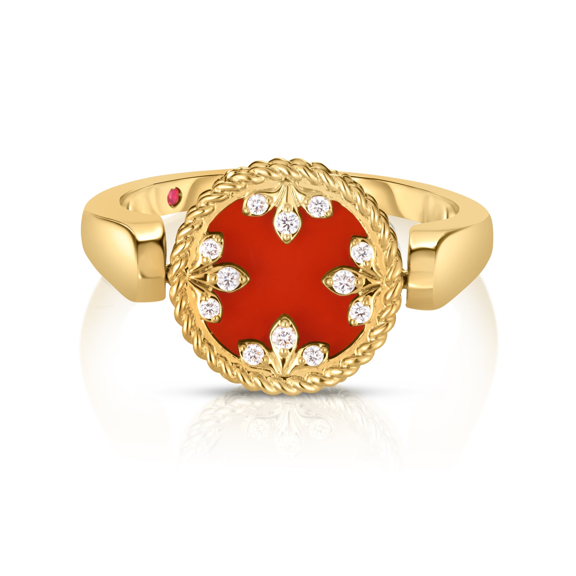 18K YELLOW GOLD VENETIAN MEDALLIONS SMALL DIAMOND, RED AGATE, & MOTHER OF PEARL REVERSIBLE RING