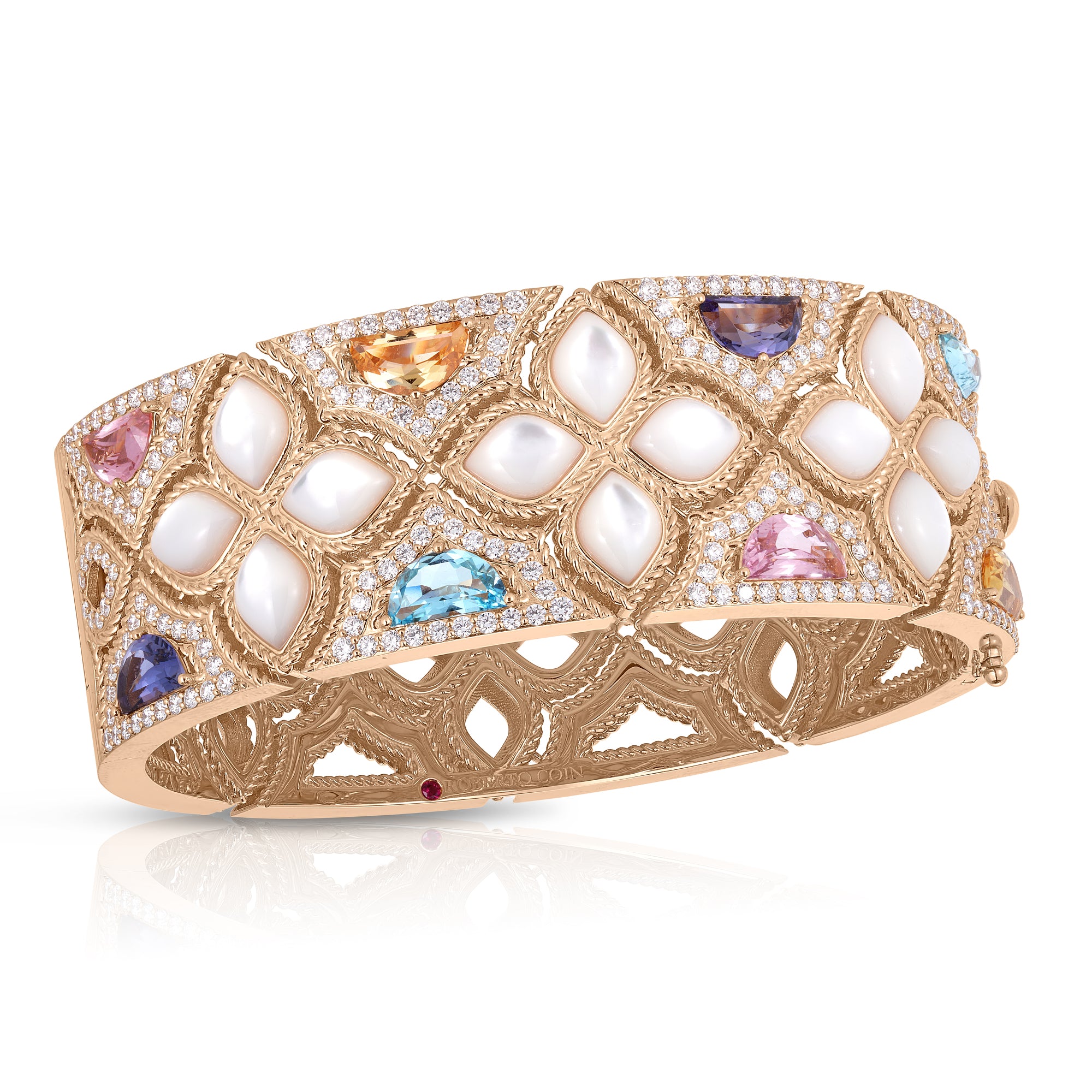18K ROSE GOLD VENETIAN PRINCESS CARNIVAL DIAMOND, MOTHER OF PEARL, & MIXED STONES (BLUE TOPAZ, CITRINE, IOLITE, & PINK TOURMALINE) FLOWER WIDE BANGLE