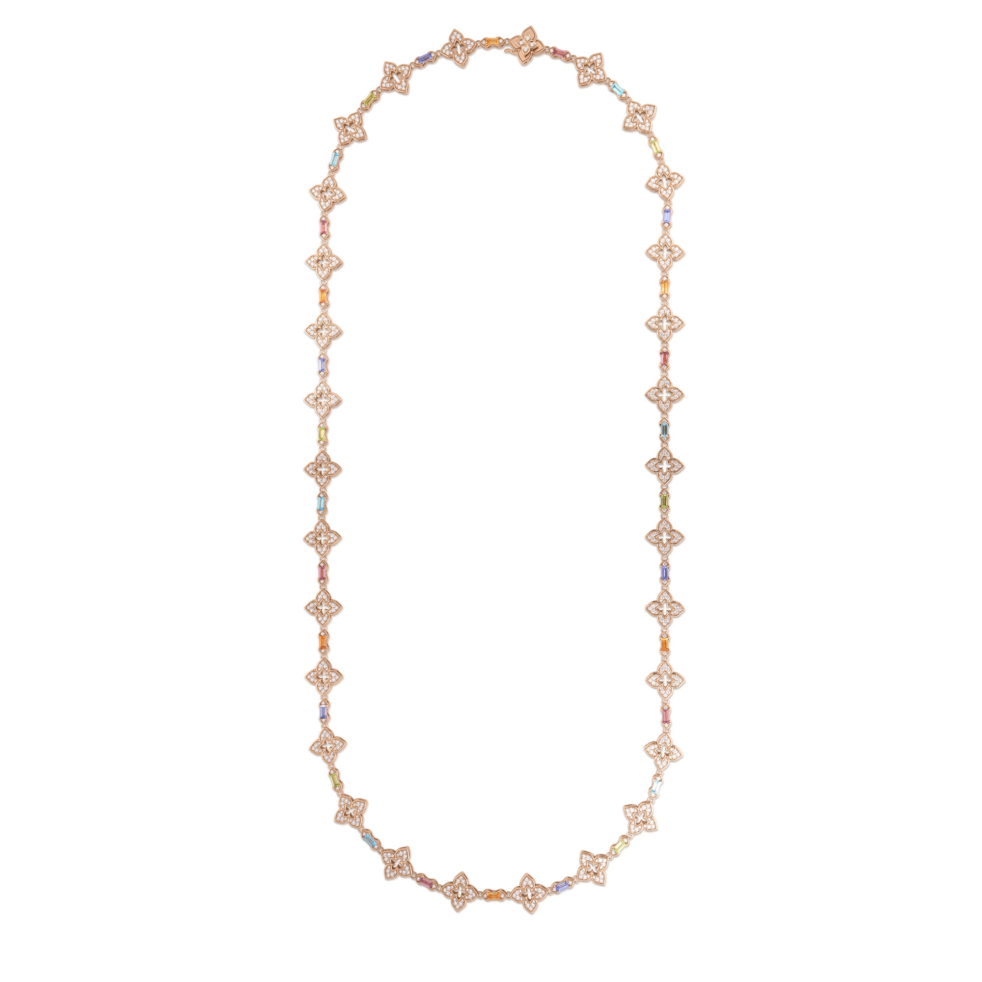 18K ROSE GOLD VENETIAN PRINCESS CARNIVAL PAVE DIAMOND & MIXED BAGUETTE (BLUE TOPAZ, CITRINE, PERIDOT, RUBELLITE, & TANZANITE) FLOWER LONG NECKLACE