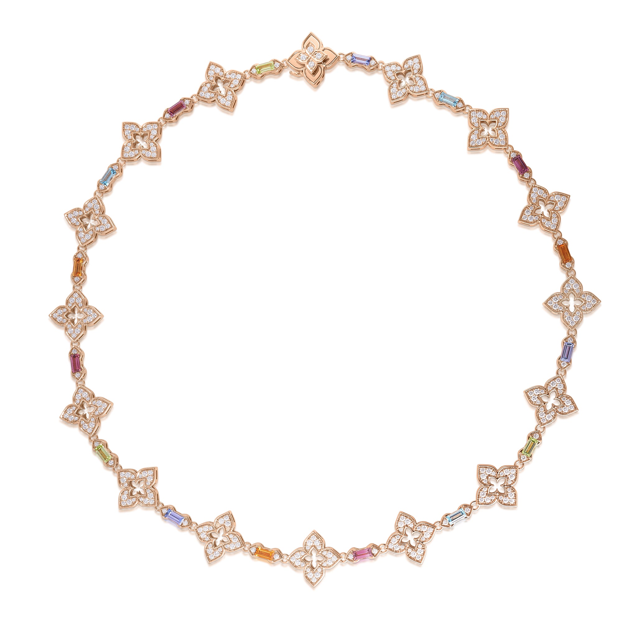 18K ROSE GOLD VENETIAN PRINCESS CARNIVAL PAVE DIAMOND & MIXED BAGUETTE (BLUE TOPAZ, CITRINE, PERIDOT, RUBELLITE, & TANZANITE) FLOWER NECKLACE