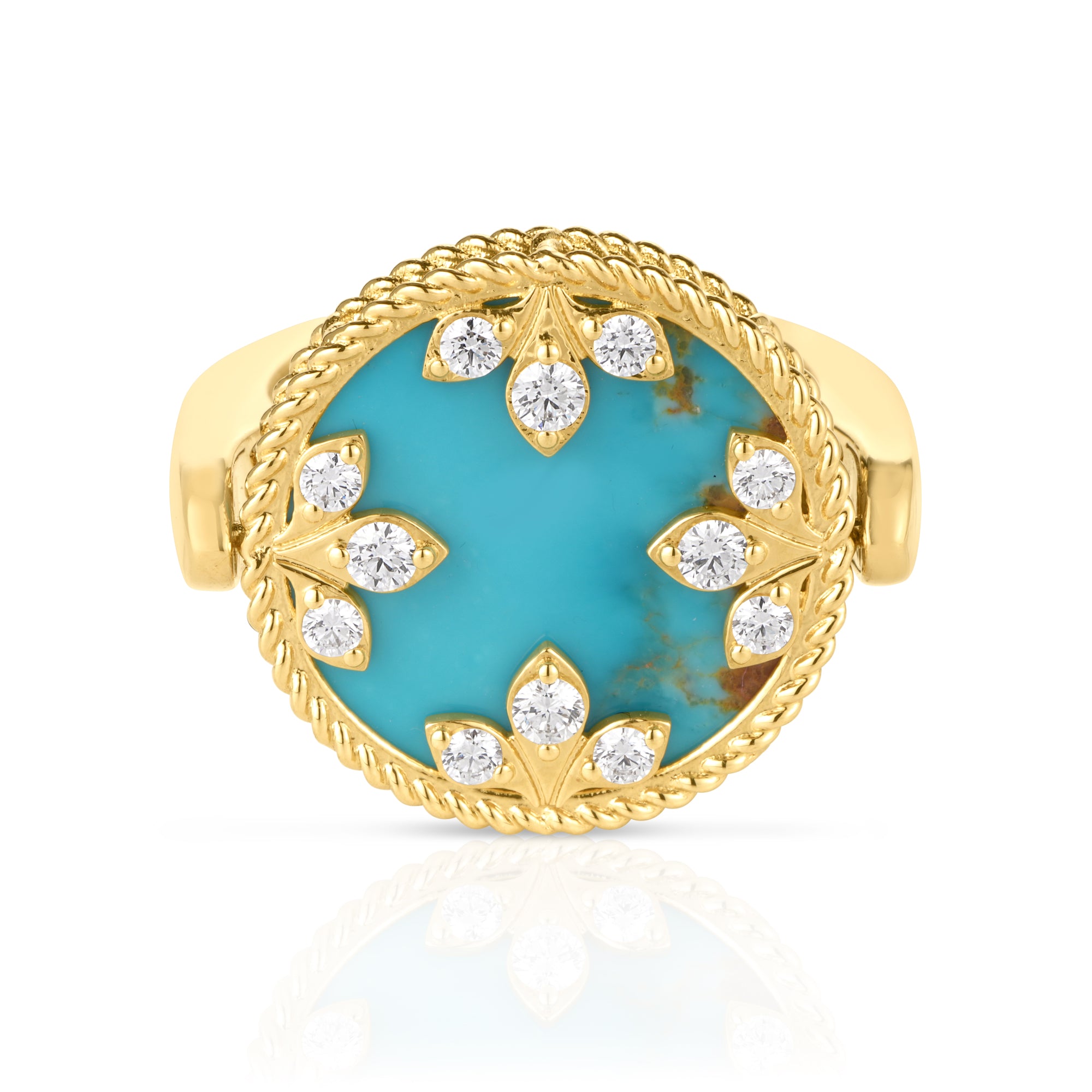 18K YELLOW GOLD VENETIAN MEDALLIONS DIAMOND, TURQUOISE, & MOTHER OF PEARL REVERSIBLE RING
