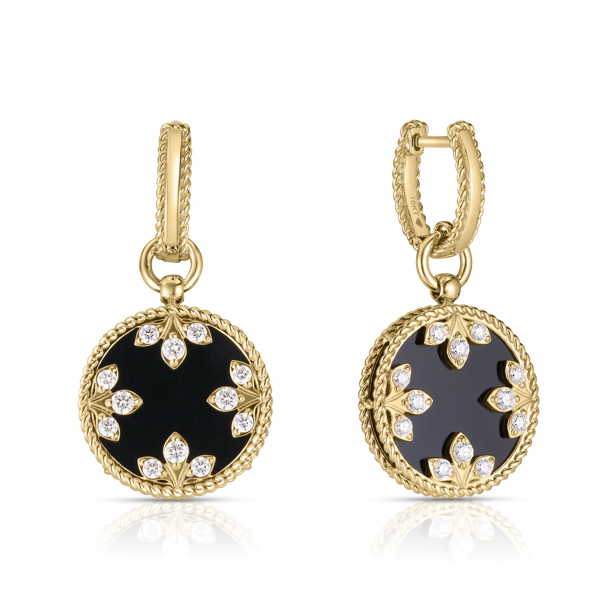 18K YELLOW GOLD VENETIAN MEDALLIONS MEDIUM DIAMOND AND BLACK JADE DANGLE EARRINGS