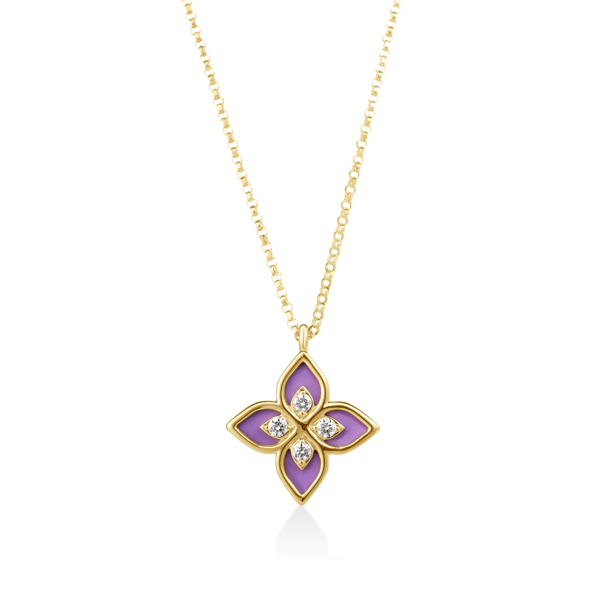 18K YELLOW GOLD VENETIAN PRINCESS DIAMOND & LAVENDER ENAMEL FLOWER NECKLACE