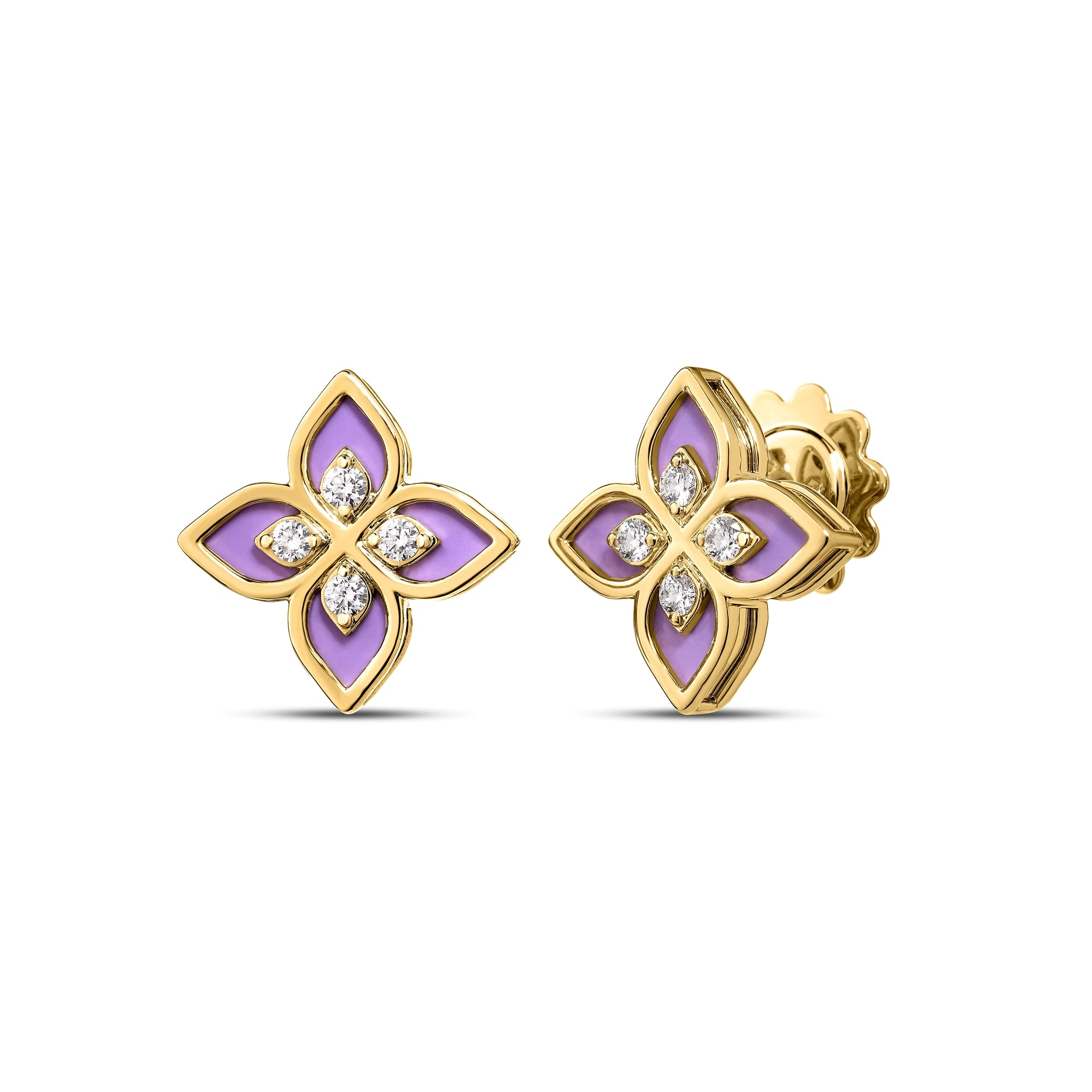 18K YELLOW GOLD VENETIAN PRINCESS DIAMOND & LAVENDER ENAMEL FLOWER STUD EARRINGS