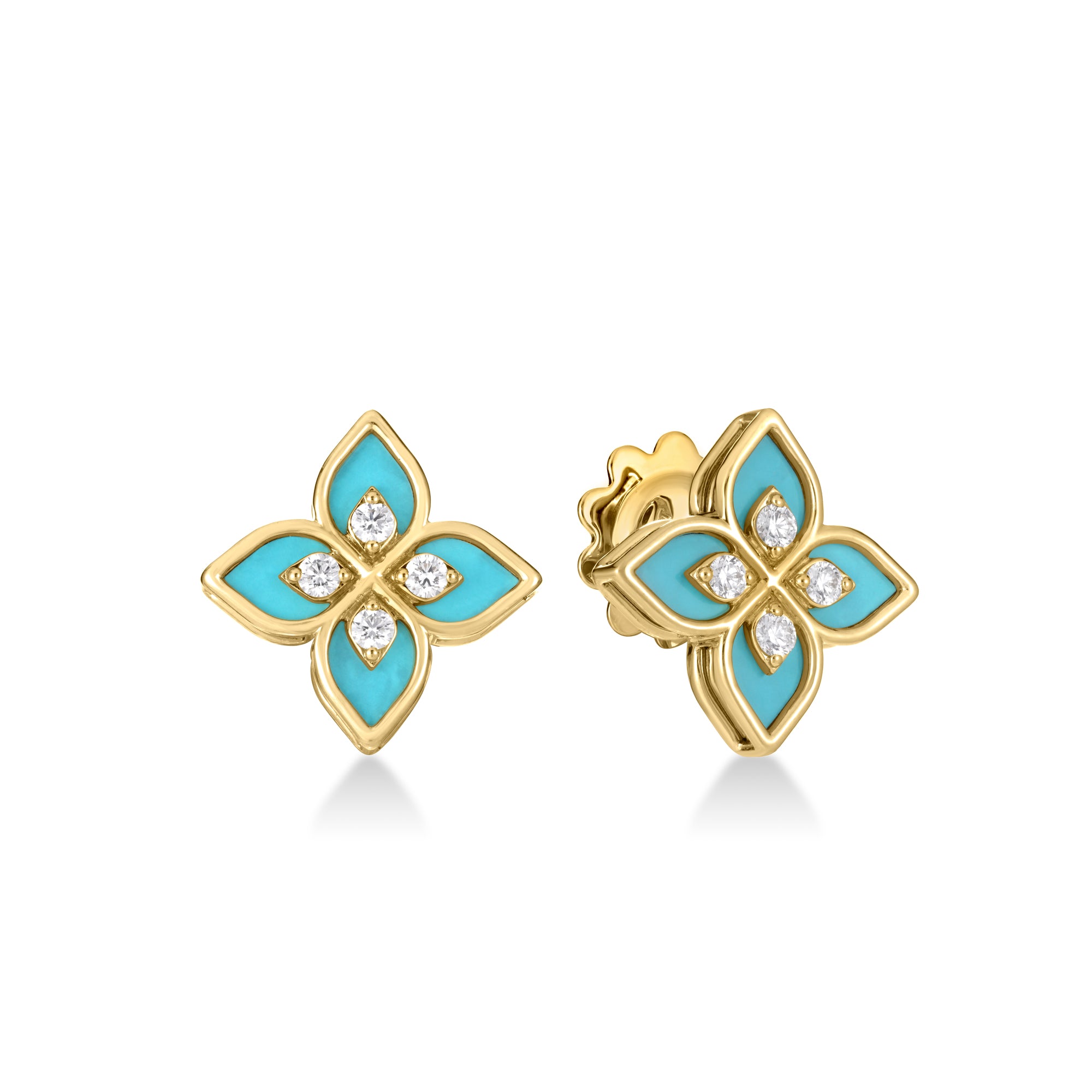 18K YELLOW GOLD VENETIAN PRINCESS DIAMOND & CYAN ENAMEL FLOWER STUD EARRINGS